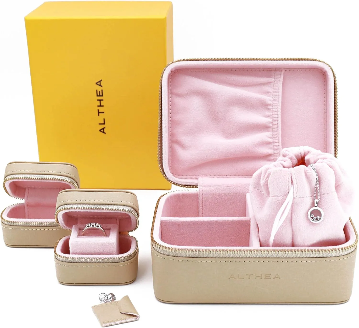 Althea Travel Jewelry Case with three boxes for Earrings, Rings, Bracelets & more  Compact 3 in 1 Organizer Box, Gift, Medium Size Storage Box, Premium Quality Vegan Leather Ring Holder (Beige)
