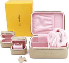 Althea Travel Jewelry Case with three boxes for Earrings, Rings, Bracelets & more  Compact 3 in 1 Organizer Box, Gift, Medium Size Storage Box, Premium Quality Vegan Leather Ring Holder (Beige)