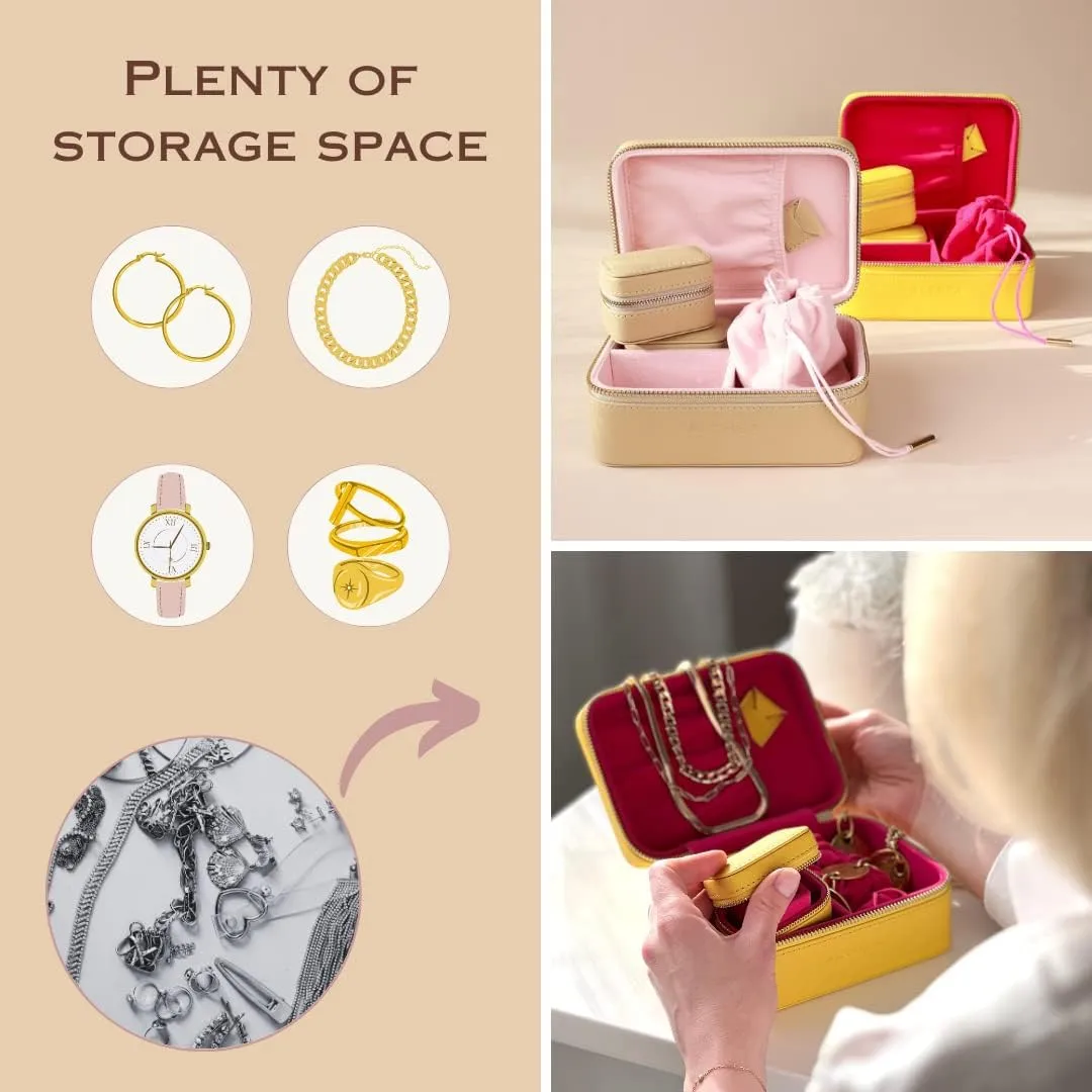 Althea Travel Jewelry Case with three boxes for Earrings, Rings, Bracelets & more  Compact 3 in 1 Organizer Box, Gift, Medium Size Storage Box, Premium Quality Vegan Leather Ring Holder (Beige)