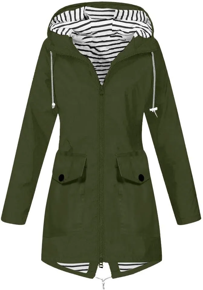 Aniywn Hooded Jacket Women Fall Solid Rain Jacket Outdoor Raincoat Windproof Plus Size Zipper Waterproof Outerwear Tops