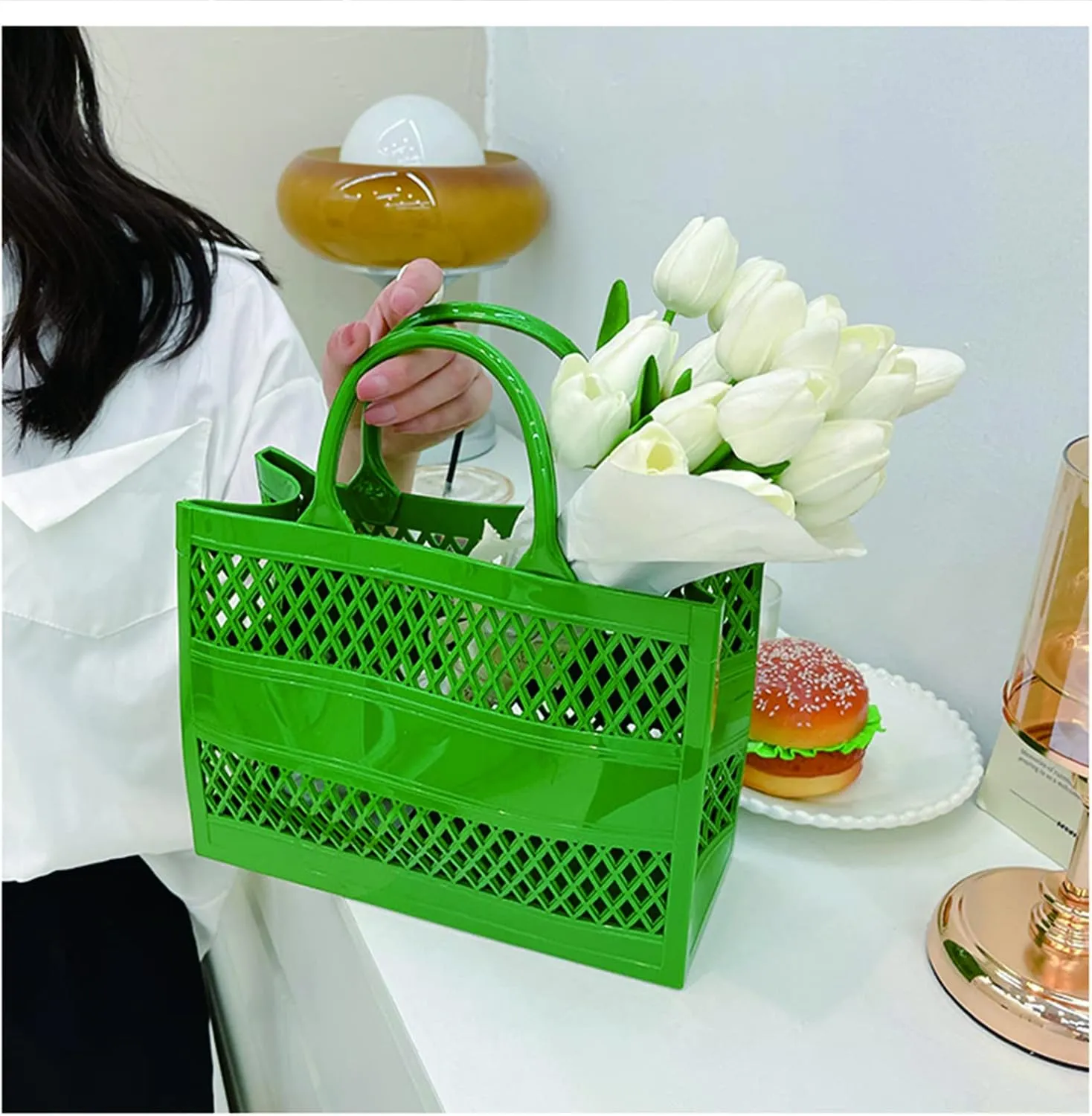 Beach Bag, Jelly Beach Bag Plastic Basket Purse, Flower Tote Bag Aesthetic, Gift Bag for Kids,Girls, Women