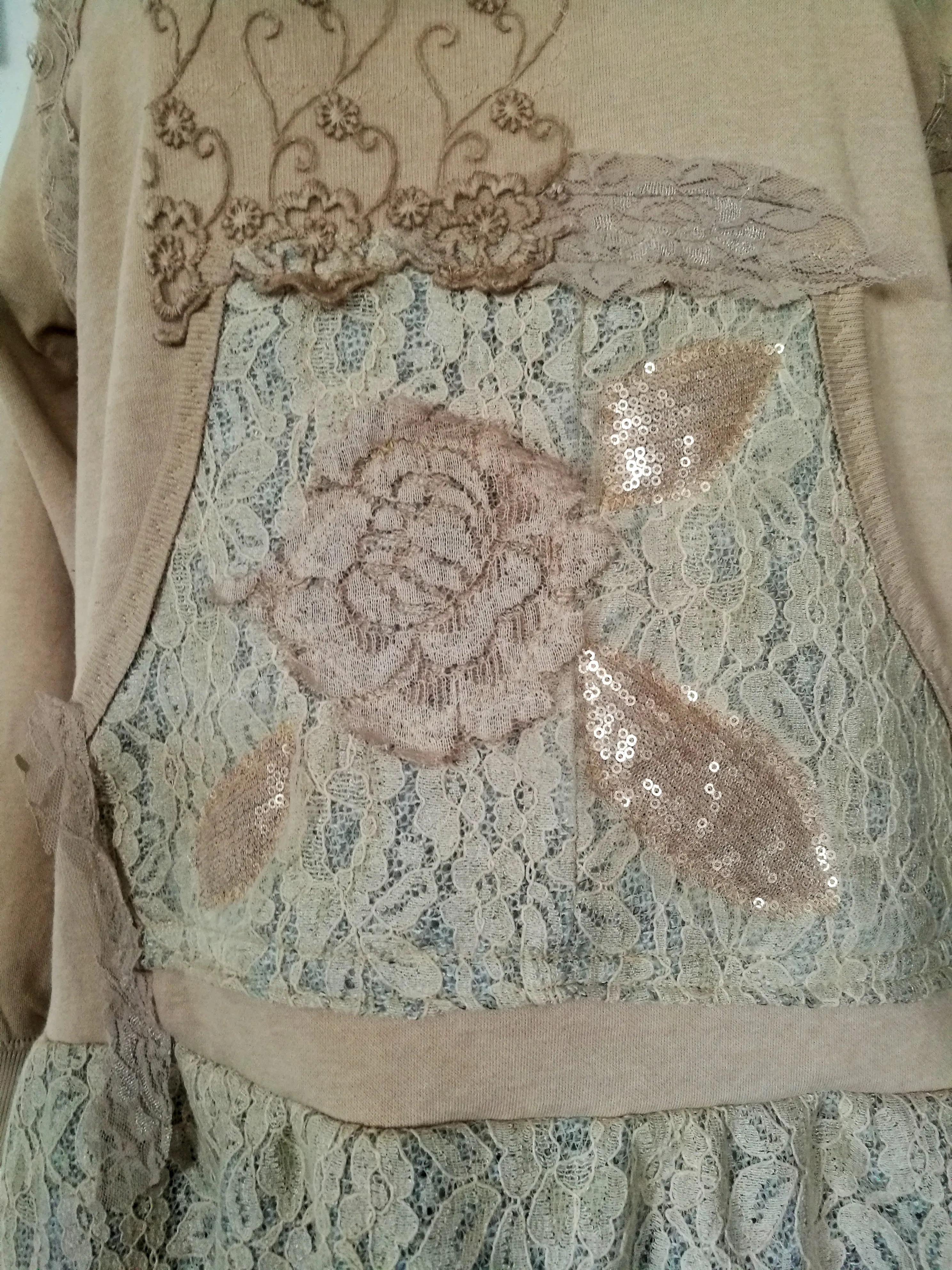 Beige Sweatshirt Dress XL Boho Style Embroidered Dress