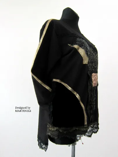Black Embroidered Sweatshirt For Women XL Boho Casual Top