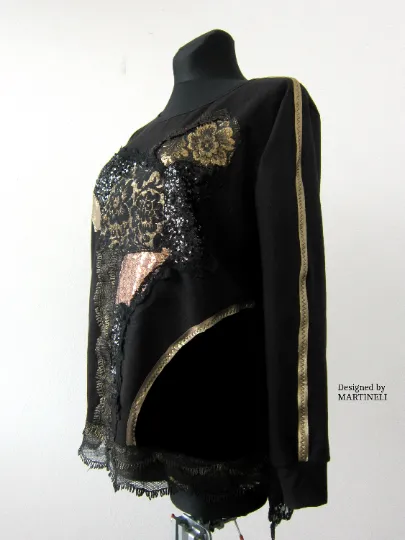 Black Embroidered Sweatshirt For Women XL Boho Casual Top