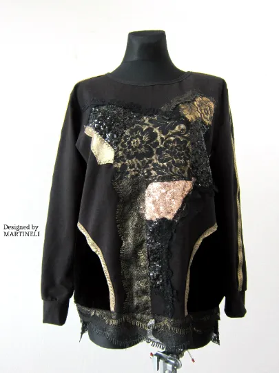 Black Embroidered Sweatshirt For Women XL Boho Casual Top