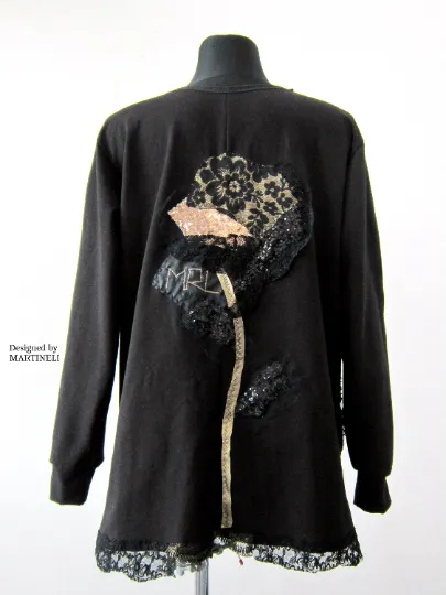 Black Embroidered Sweatshirt For Women XL Boho Casual Top