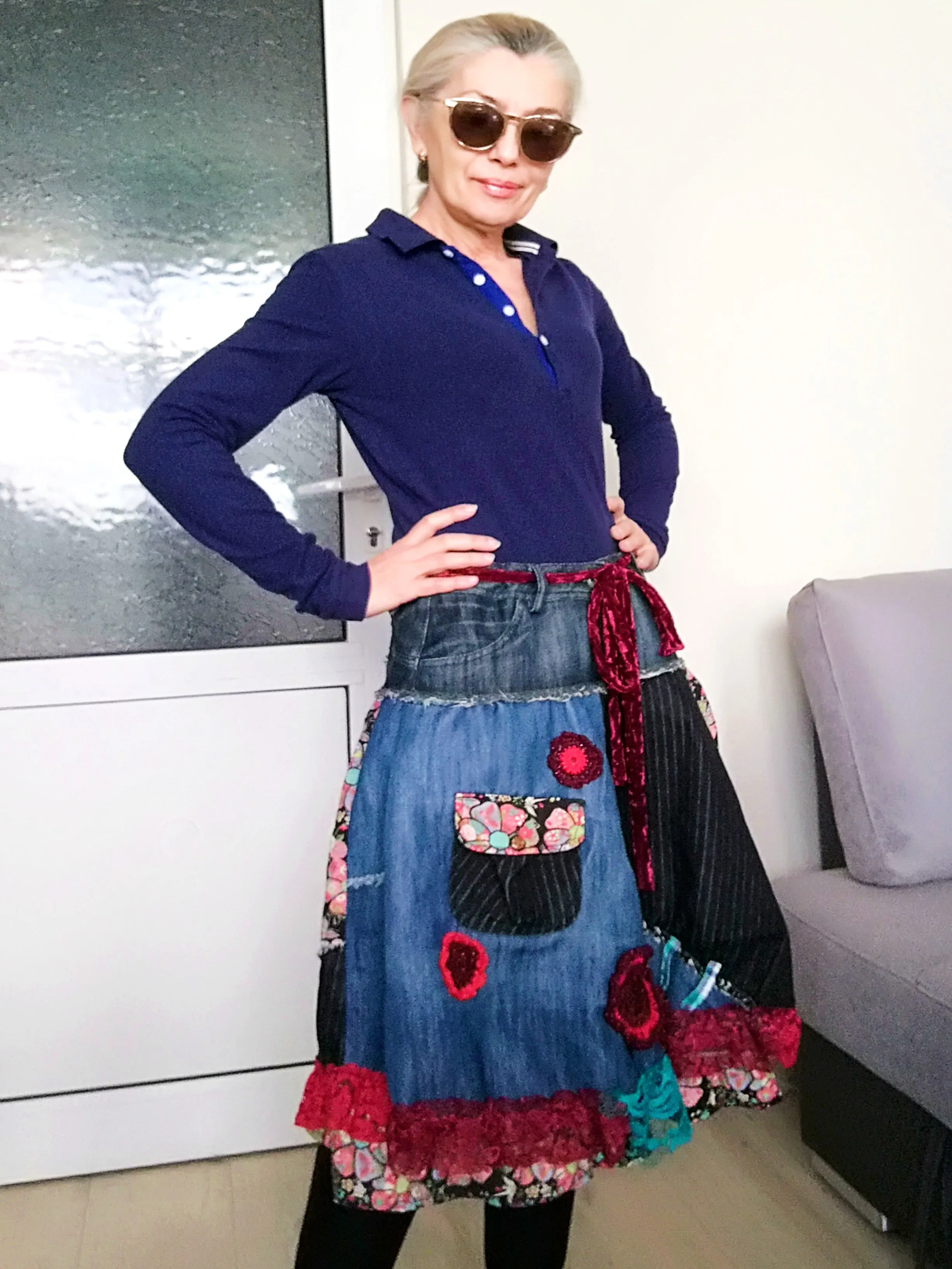 Boho Chic Desigual Denim Skirt L size Upcycled Embroidered Midi Skirt