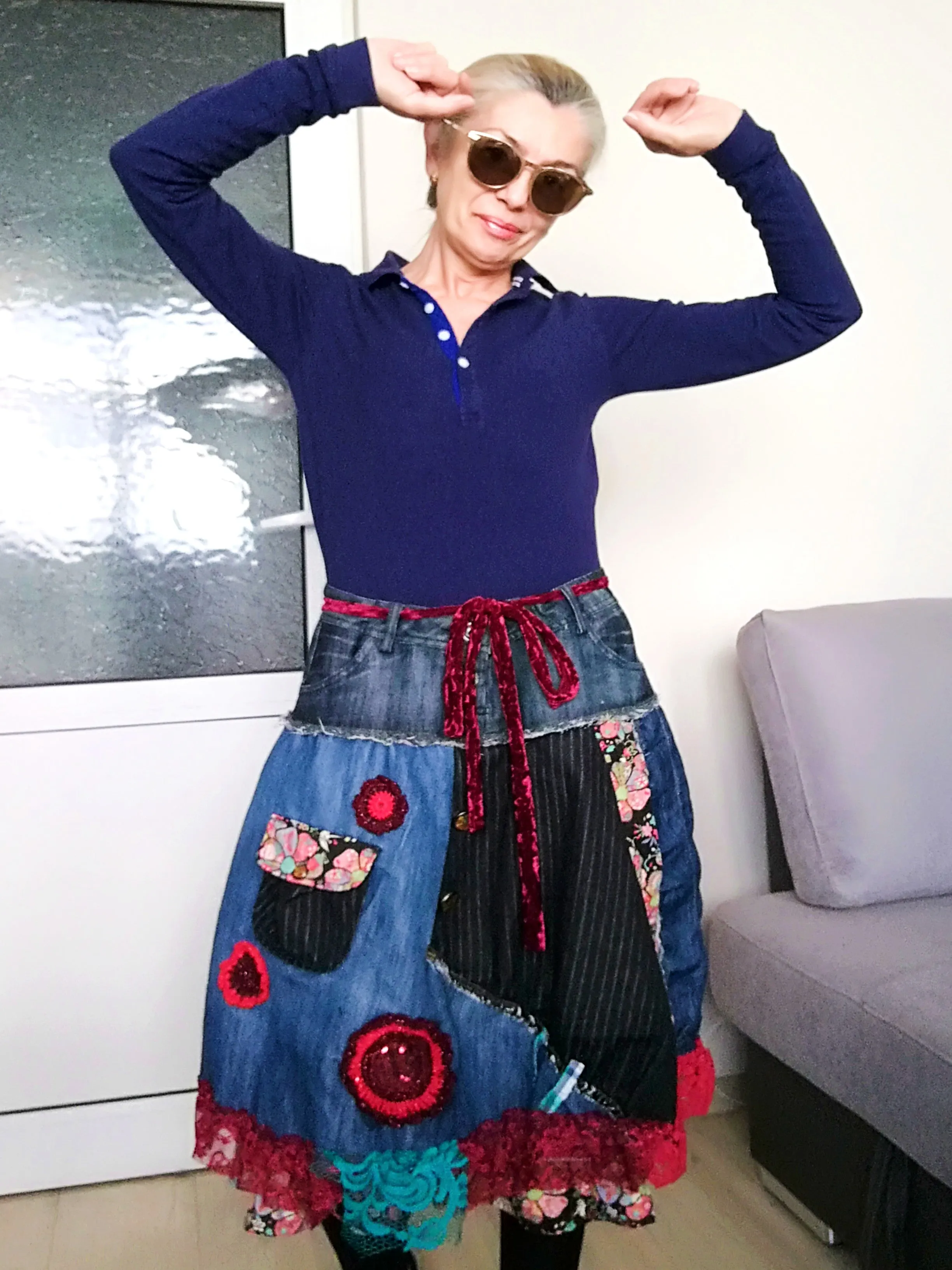Boho Chic Desigual Denim Skirt L size Upcycled Embroidered Midi Skirt
