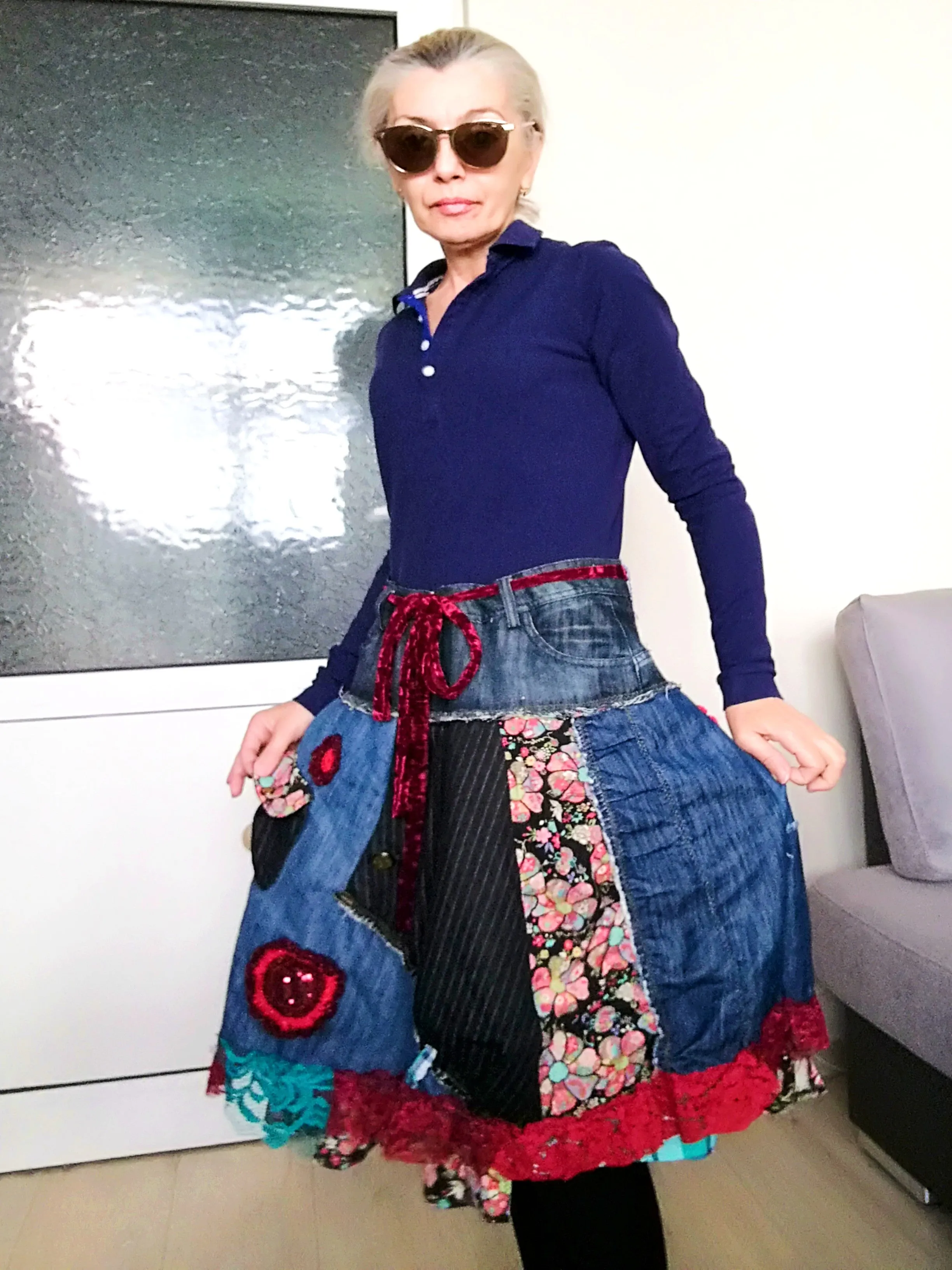 Boho Chic Desigual Denim Skirt L size Upcycled Embroidered Midi Skirt