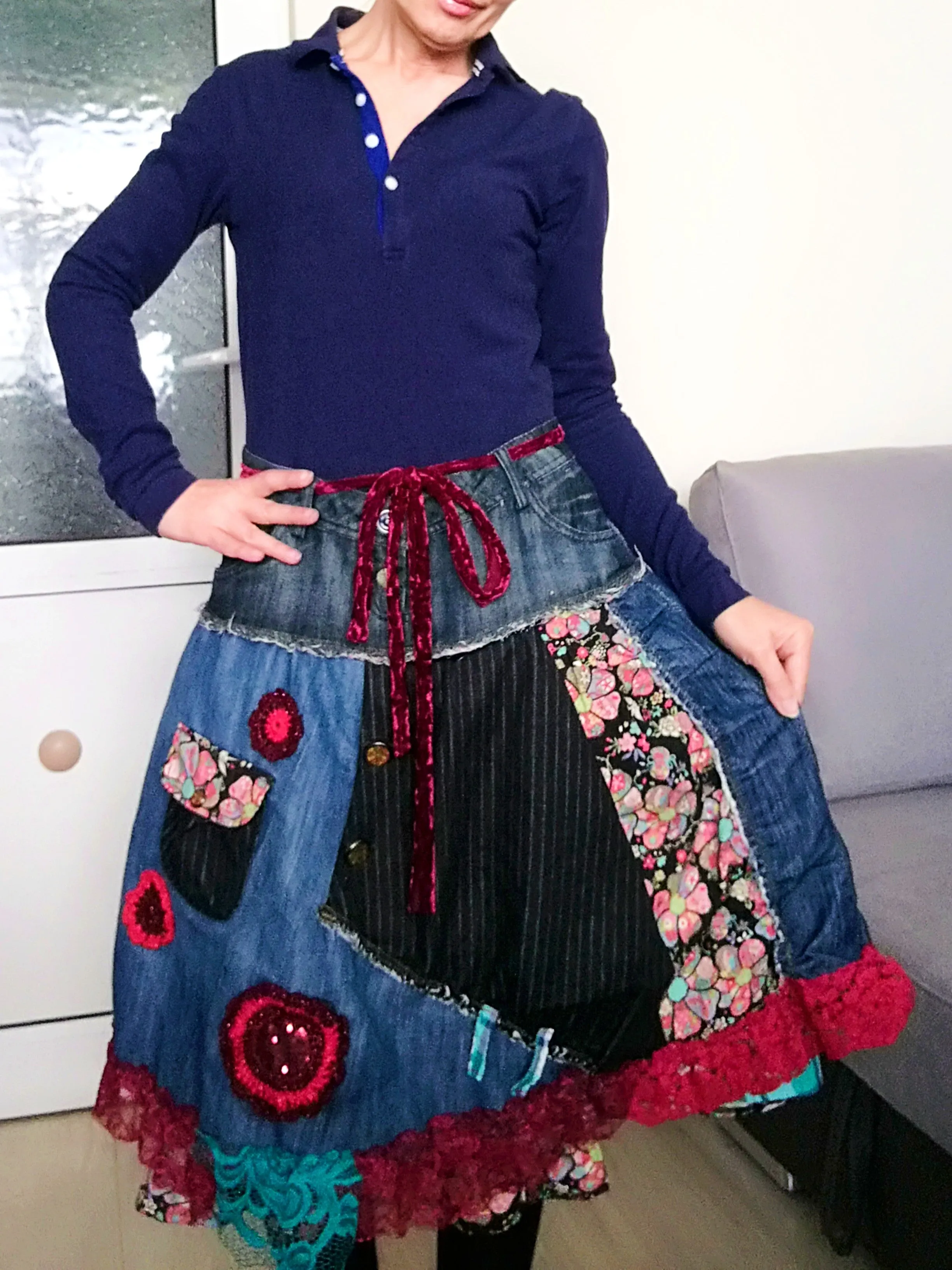 Boho Chic Desigual Denim Skirt L size Upcycled Embroidered Midi Skirt