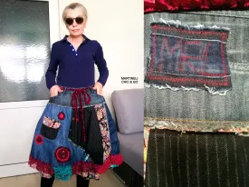 Boho Chic Desigual Denim Skirt L size Upcycled Embroidered Midi Skirt