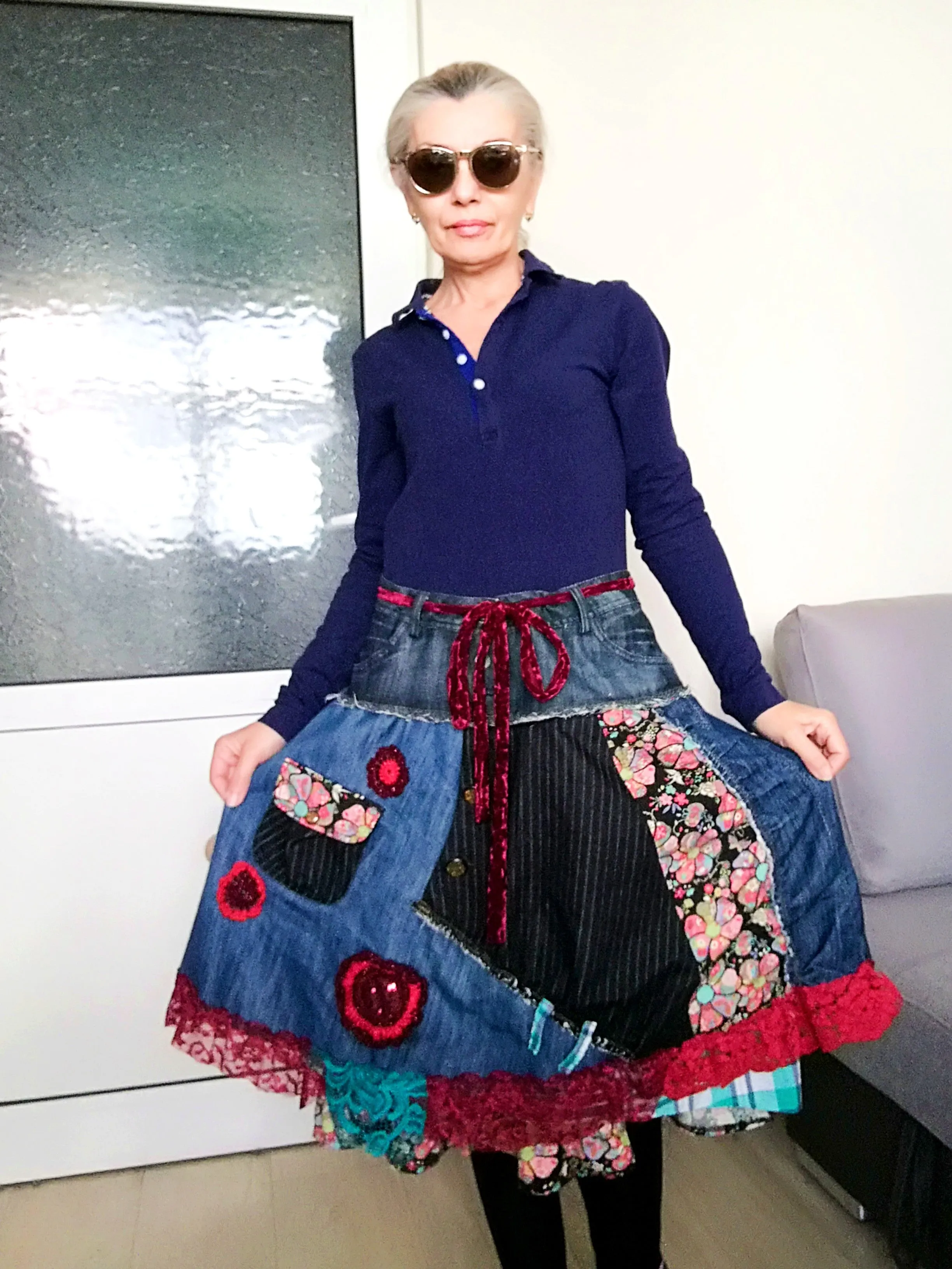 Boho Chic Desigual Denim Skirt L size Upcycled Embroidered Midi Skirt