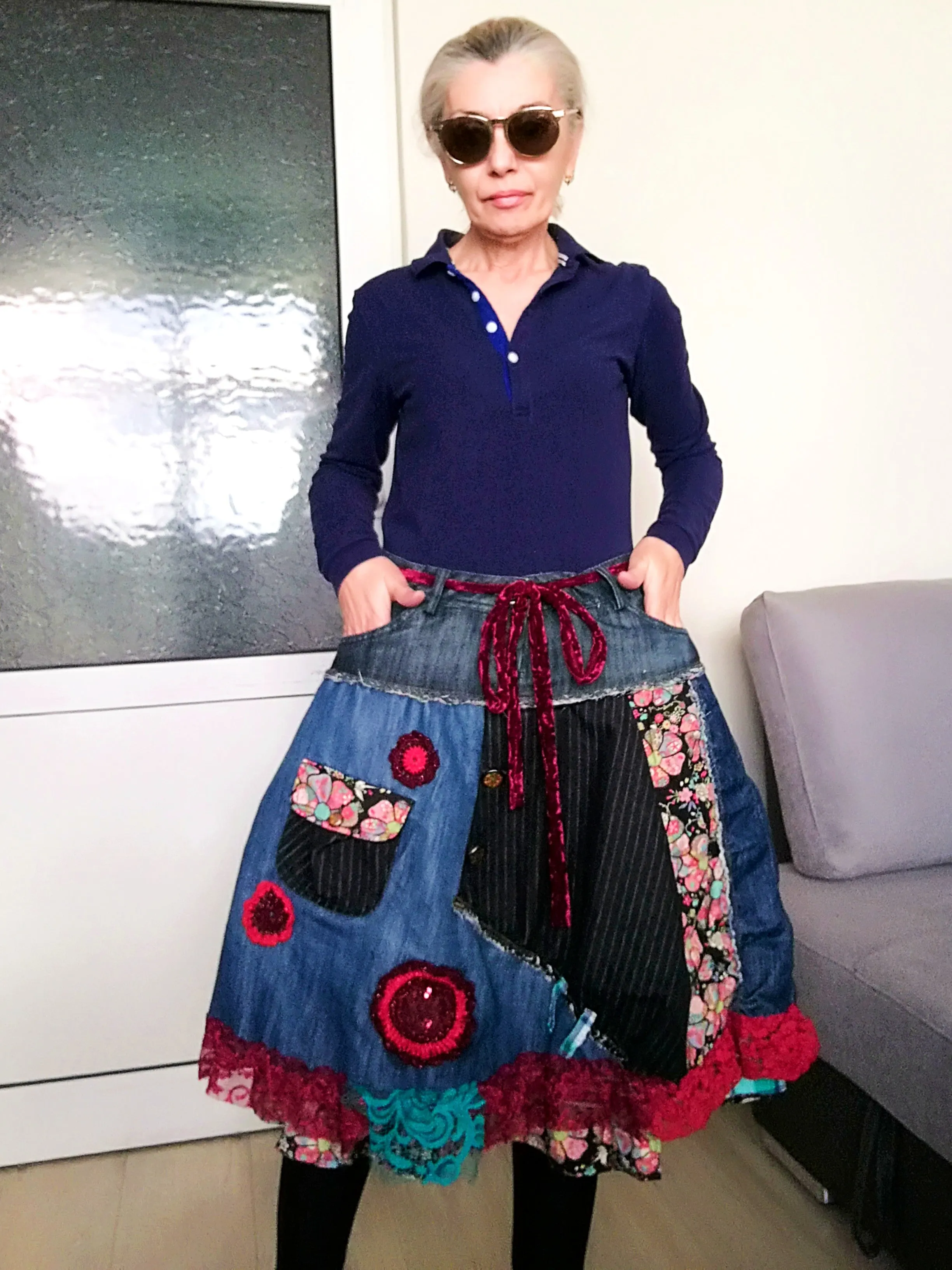 Boho Chic Desigual Denim Skirt L size Upcycled Embroidered Midi Skirt