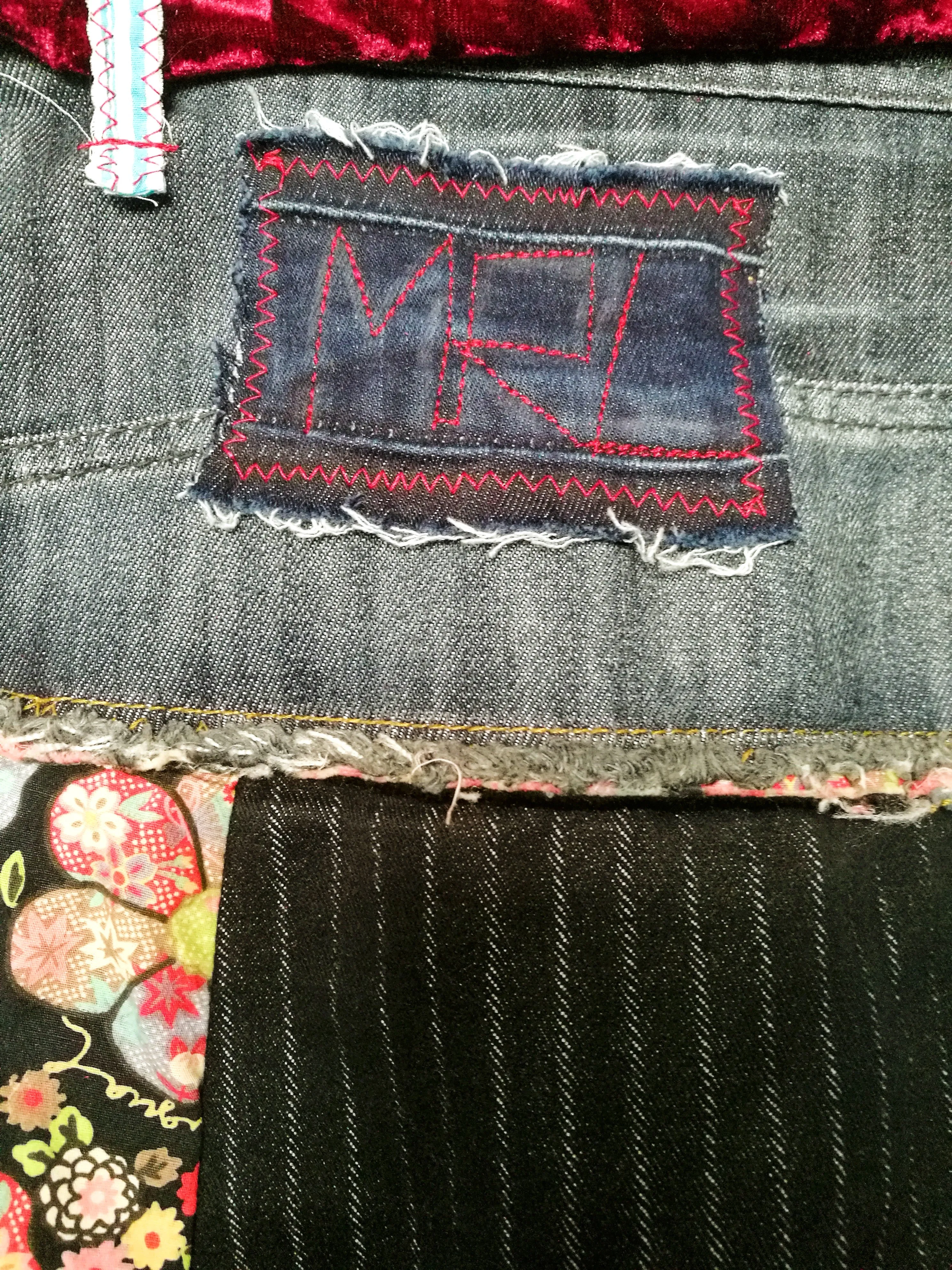 Boho Chic Desigual Denim Skirt L size Upcycled Embroidered Midi Skirt