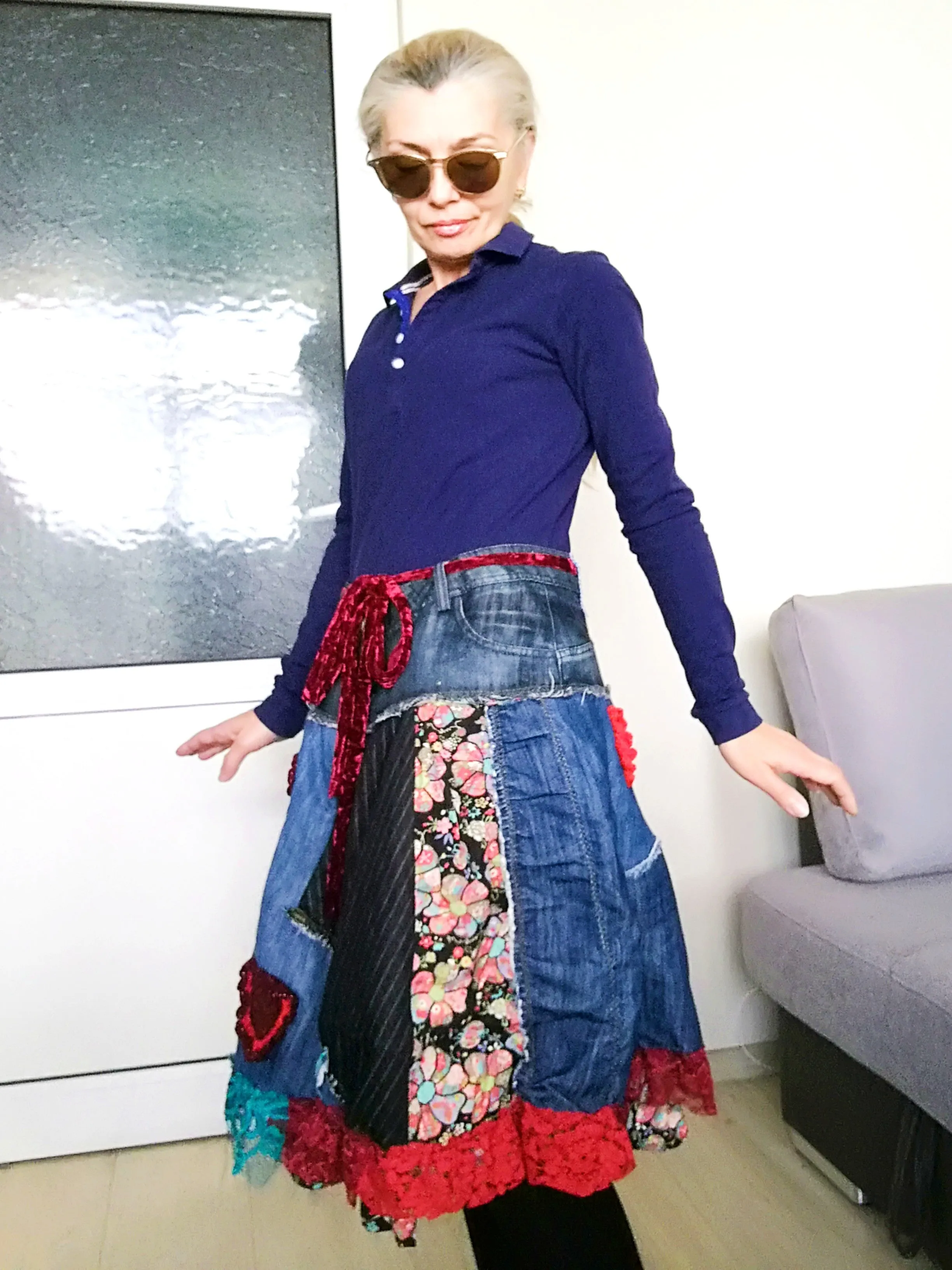 Boho Chic Desigual Denim Skirt L size Upcycled Embroidered Midi Skirt