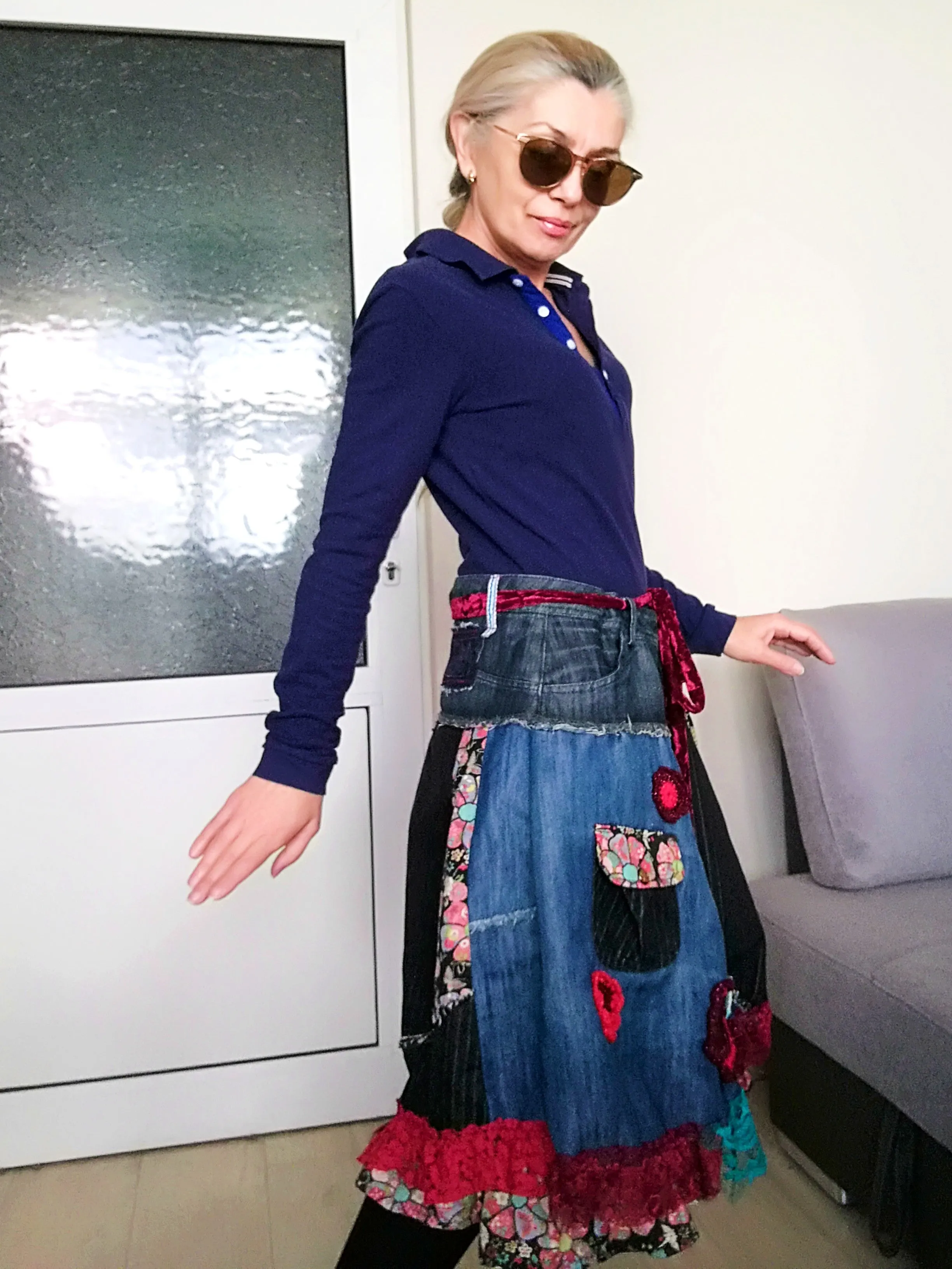 Boho Chic Desigual Denim Skirt L size Upcycled Embroidered Midi Skirt