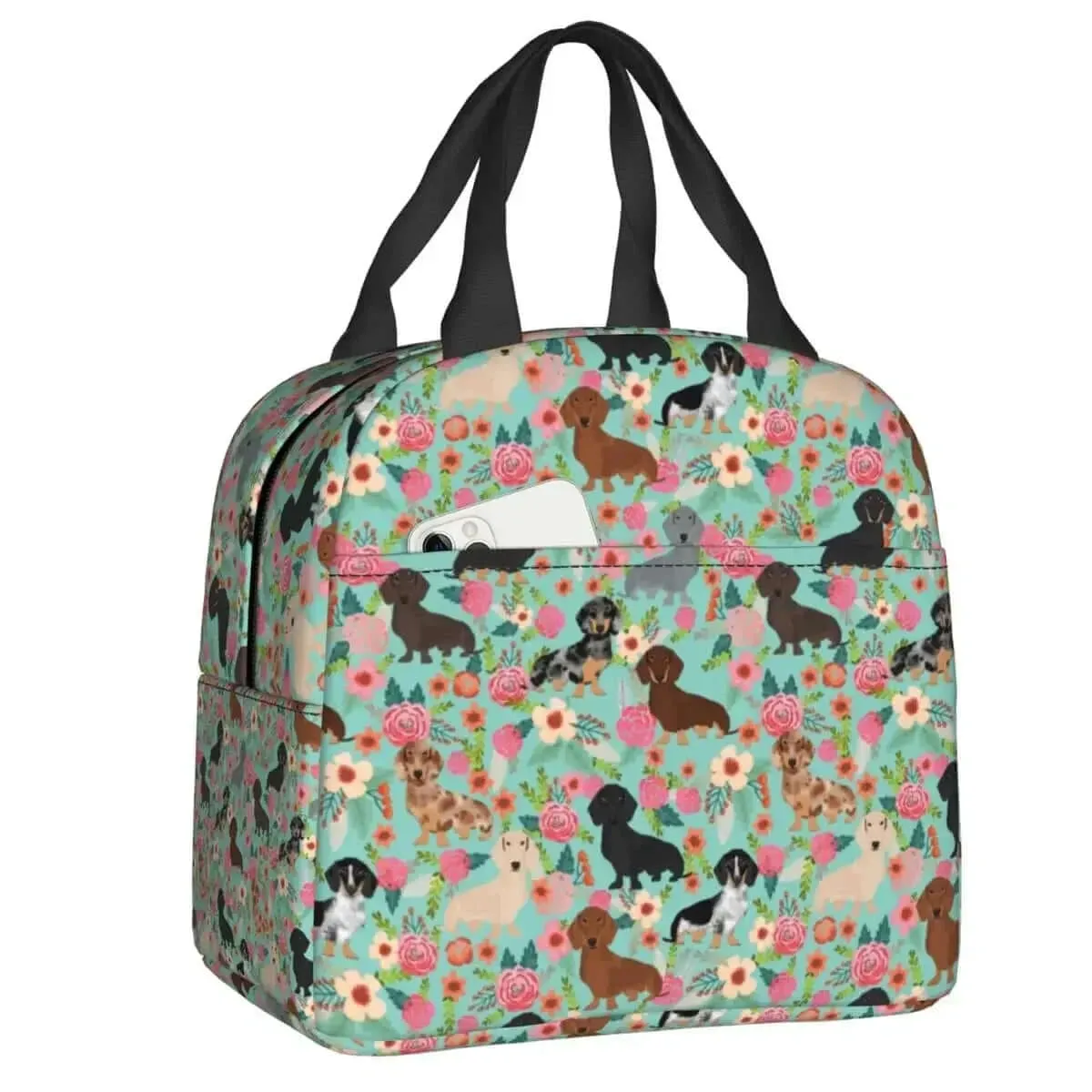 Dachshund Floral Dog Pattern Insulated Lunch Bag