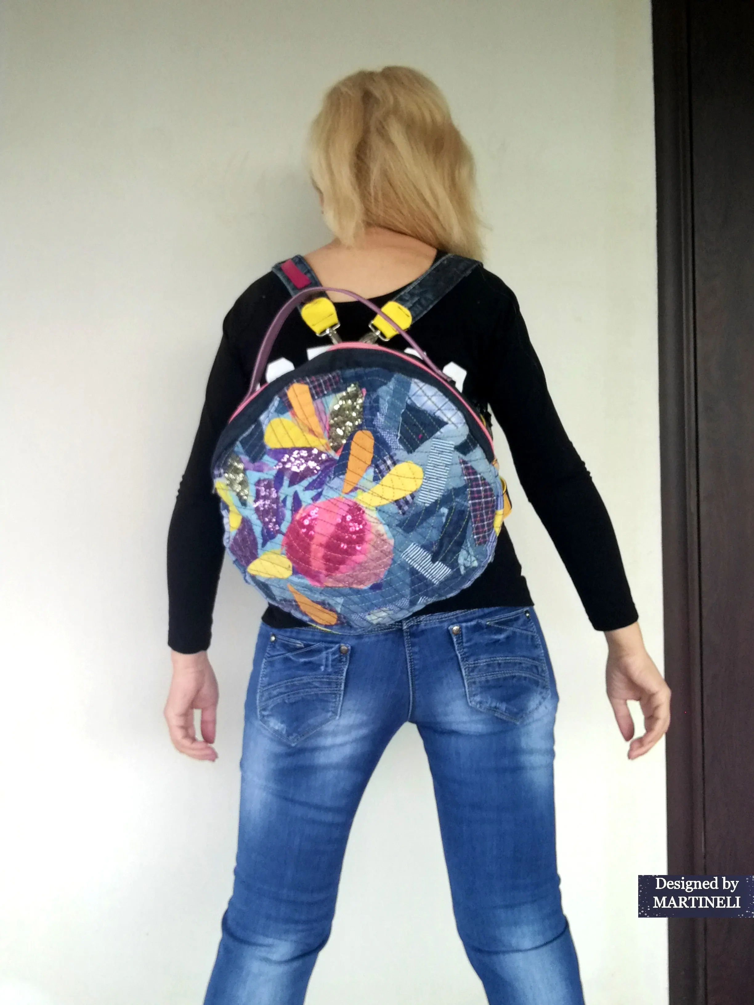 Denim and Leather Backpack Round Embroidered Rucksack