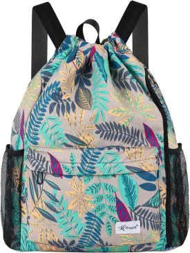 Drawstring Backpack with Mesh Pockets String Gym Bag Sackpack Sandproof Water Resistant Beach Backpack for Men Women