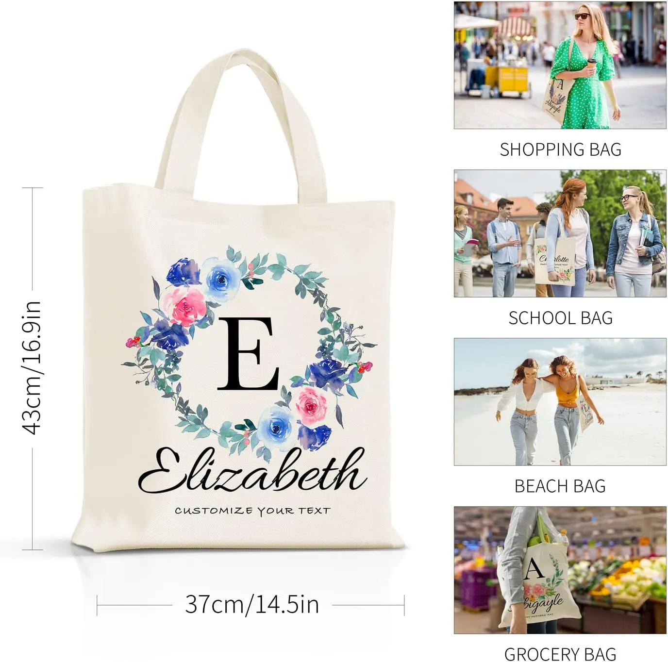 Easycosy Personalized Tote Bag Canvas Tote Bag with Picture Text Customized Reusable Grocery Bag Floral Gifts Bag for Women