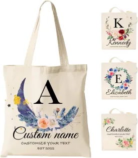 Easycosy Personalized Tote Bag Canvas Tote Bag with Picture Text Customized Reusable Grocery Bag Floral Gifts Bag for Women
