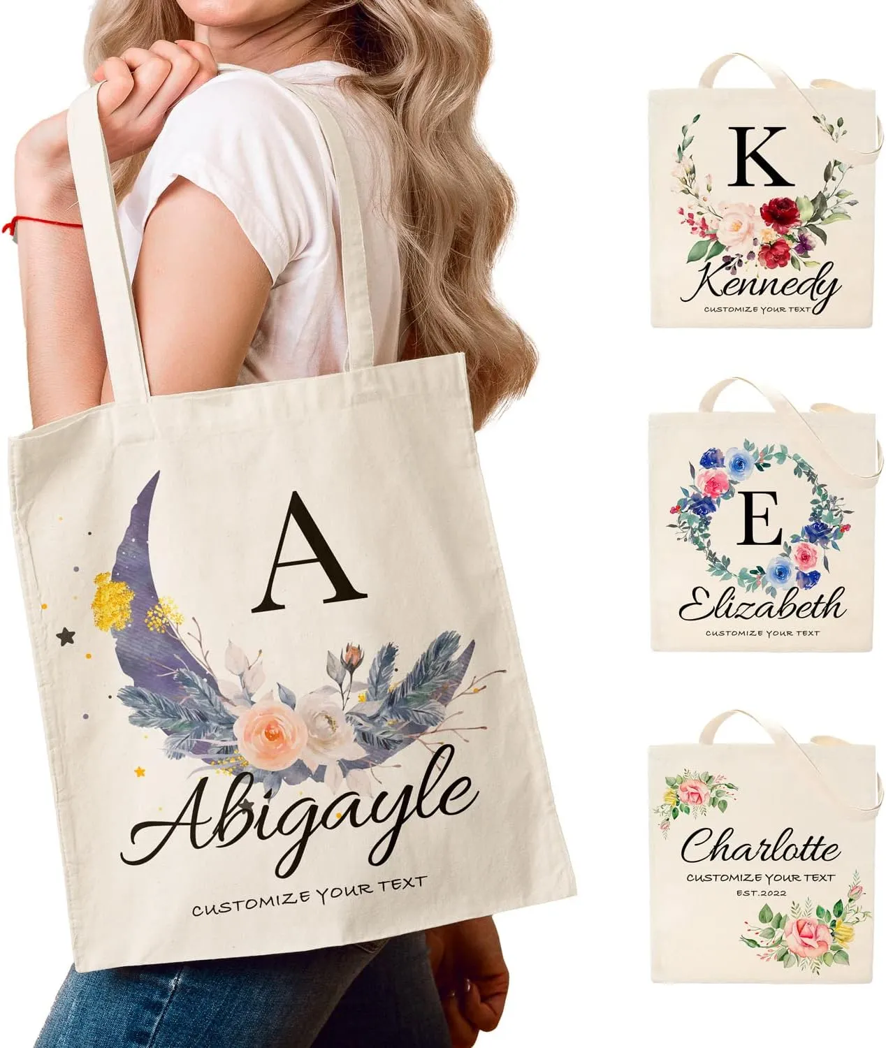 Easycosy Personalized Tote Bag Canvas Tote Bag with Picture Text Customized Reusable Grocery Bag Floral Gifts Bag for Women