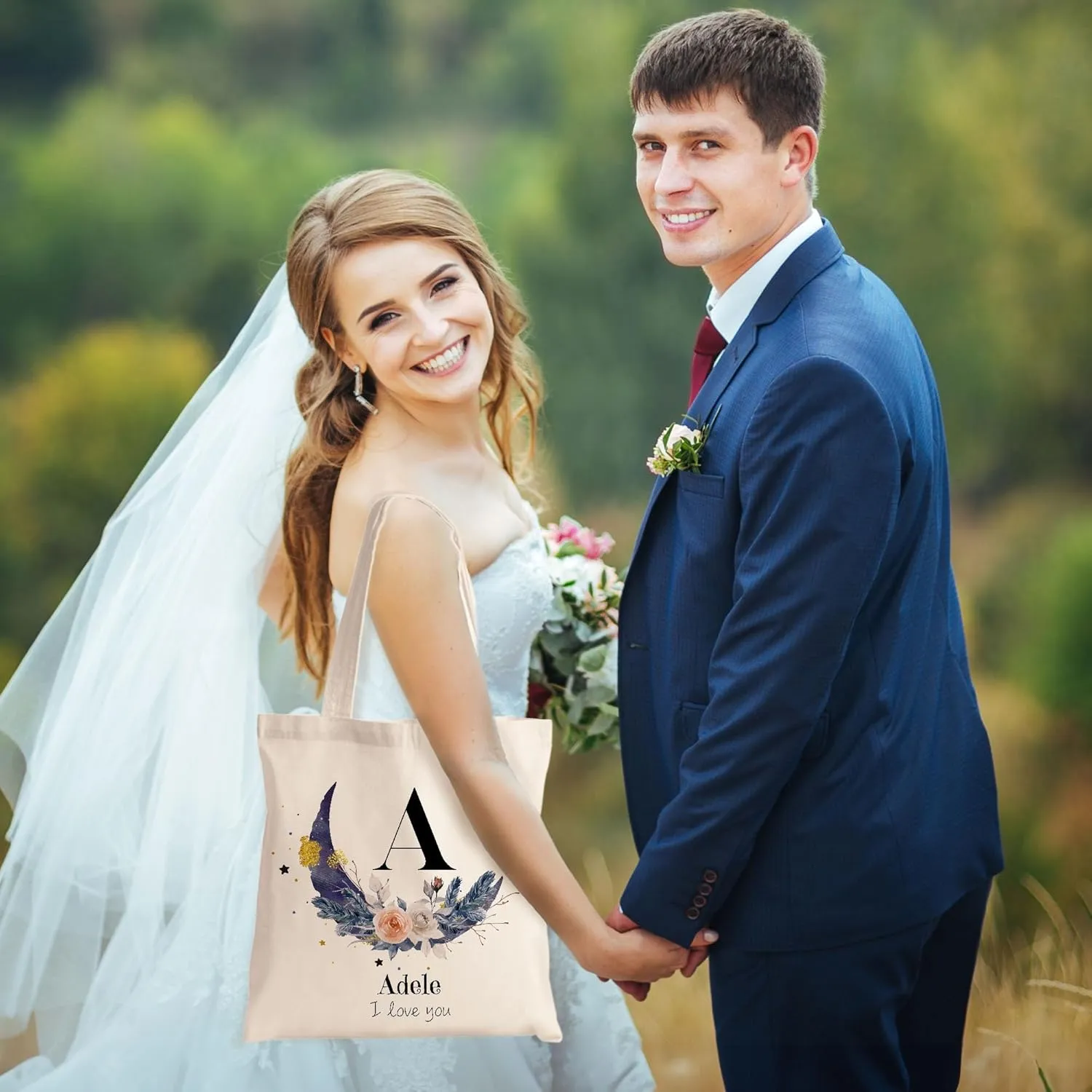 Easycosy Personalized Tote Bag Canvas Tote Bag with Picture Text Customized Reusable Grocery Bag Floral Gifts Bag for Women