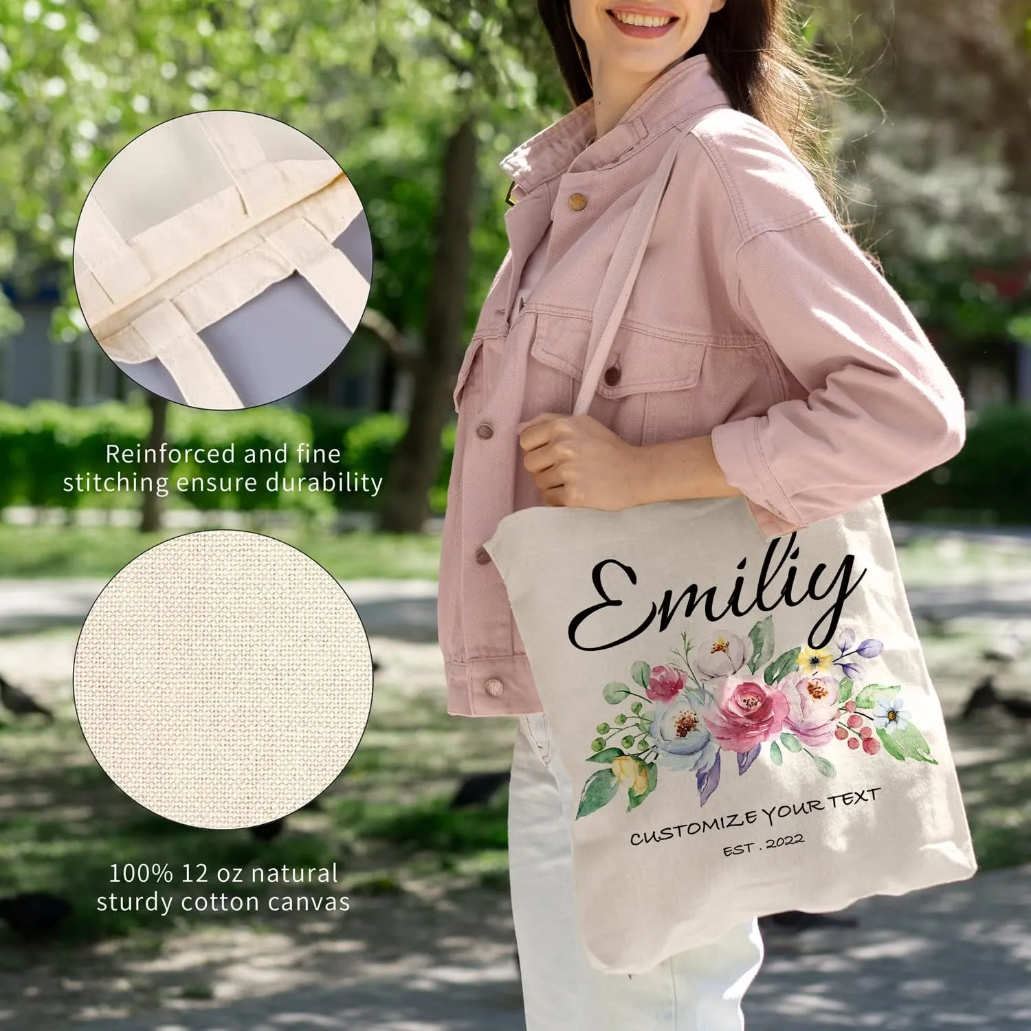 Easycosy Personalized Tote Bag Canvas Tote Bag with Picture Text Customized Reusable Grocery Bag Floral Gifts Bag for Women