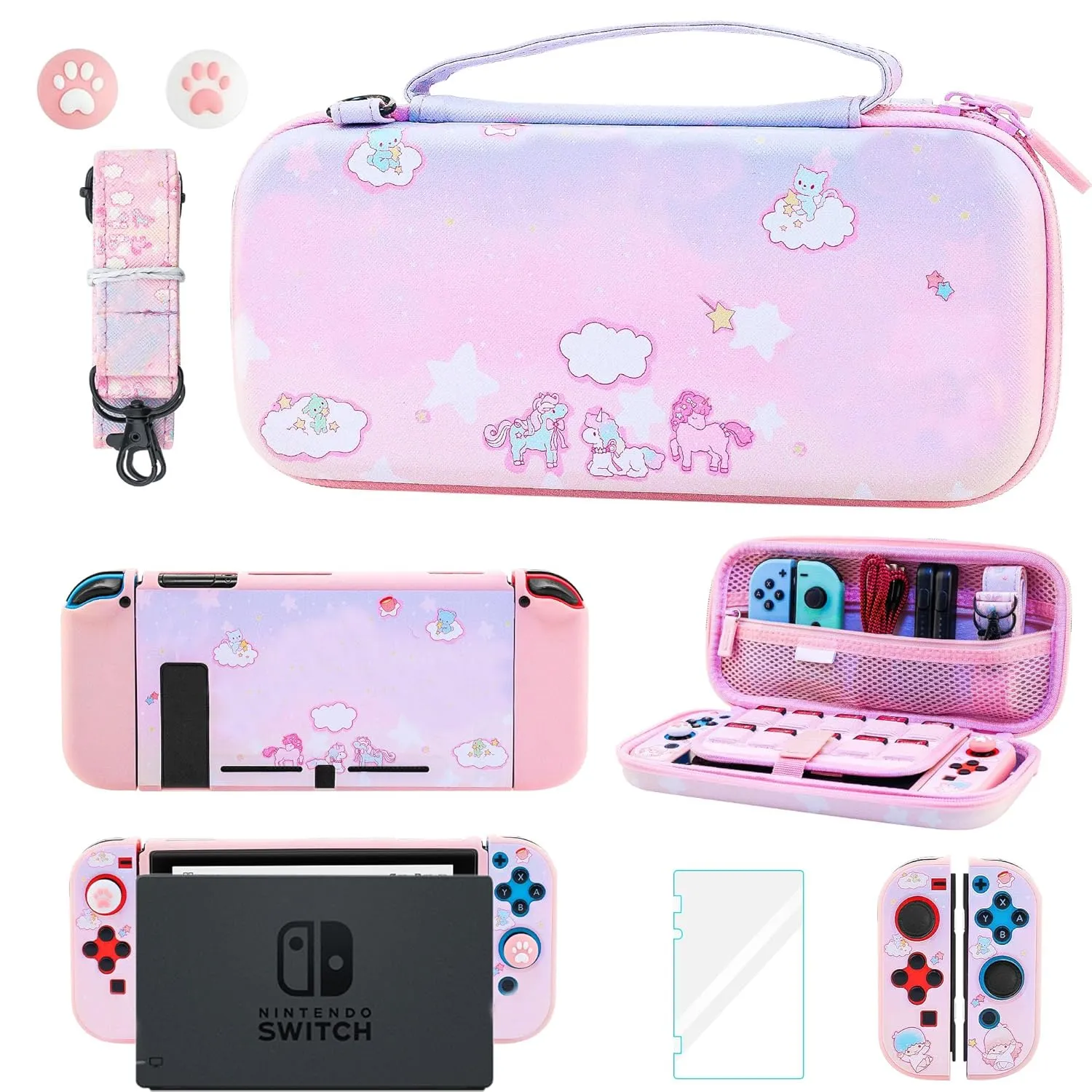 GLDRAM Cute Carrying Case for Nintendo Switch, Pink-Purple Accessories Kit for Travel Storage Bag with Soft TPU Protective Cover, Screen Protector, Adjustable Shoulder Strap & 2 Thumb Caps for Girls