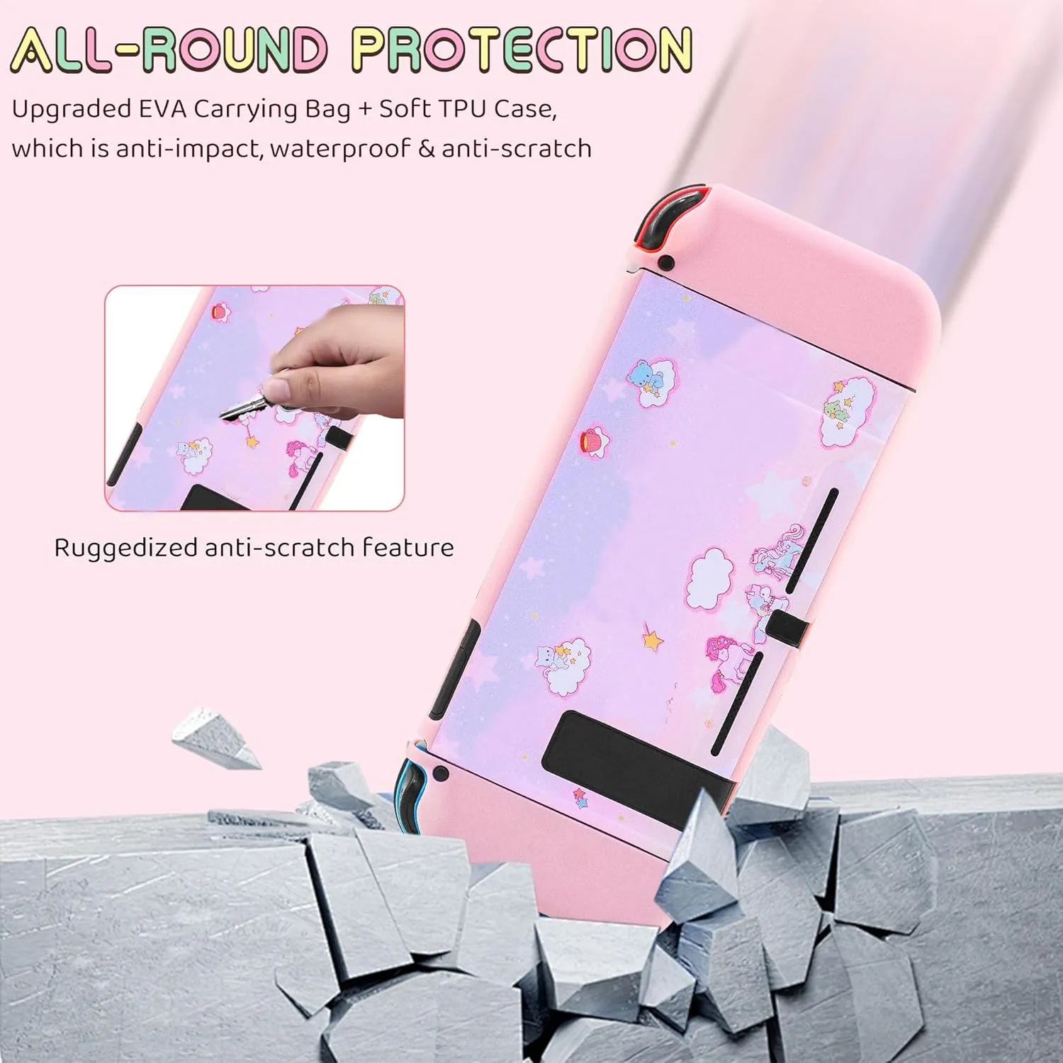 GLDRAM Cute Carrying Case for Nintendo Switch, Pink-Purple Accessories Kit for Travel Storage Bag with Soft TPU Protective Cover, Screen Protector, Adjustable Shoulder Strap & 2 Thumb Caps for Girls