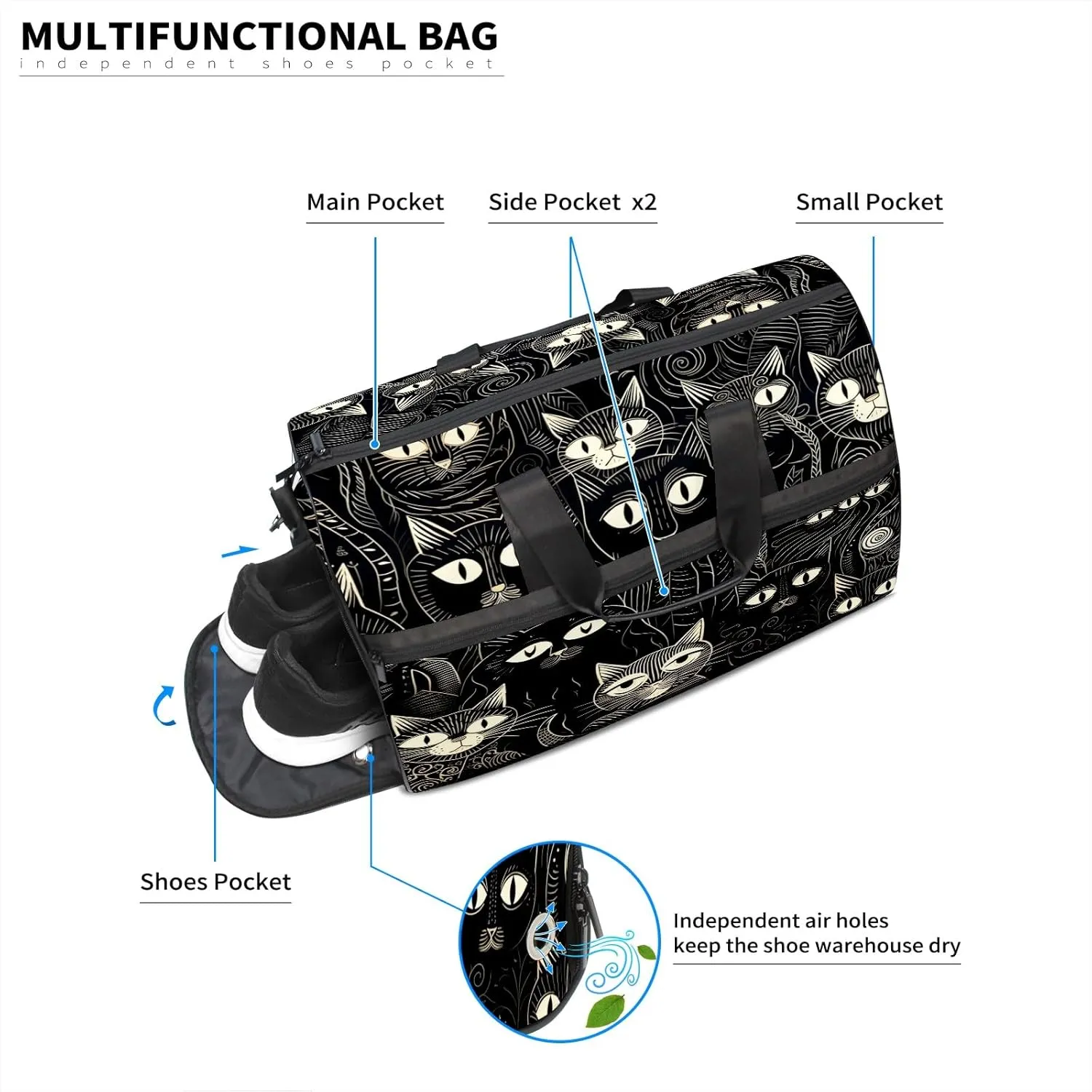 Gym Bag for Women, Carry on Weekender Overnight Bag, Travel Duffel Bags, Personal Item Travel Bag Tote Bag Workout Dance Bag, Cat - 16