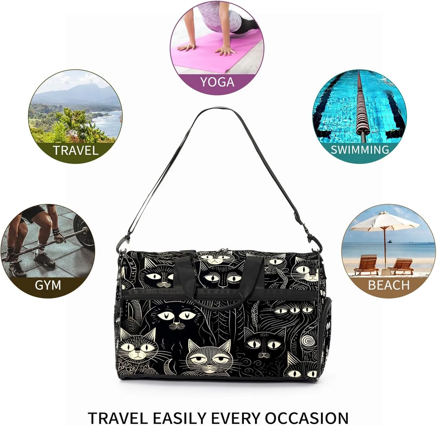 Gym Bag for Women, Carry on Weekender Overnight Bag, Travel Duffel Bags, Personal Item Travel Bag Tote Bag Workout Dance Bag, Cat - 16