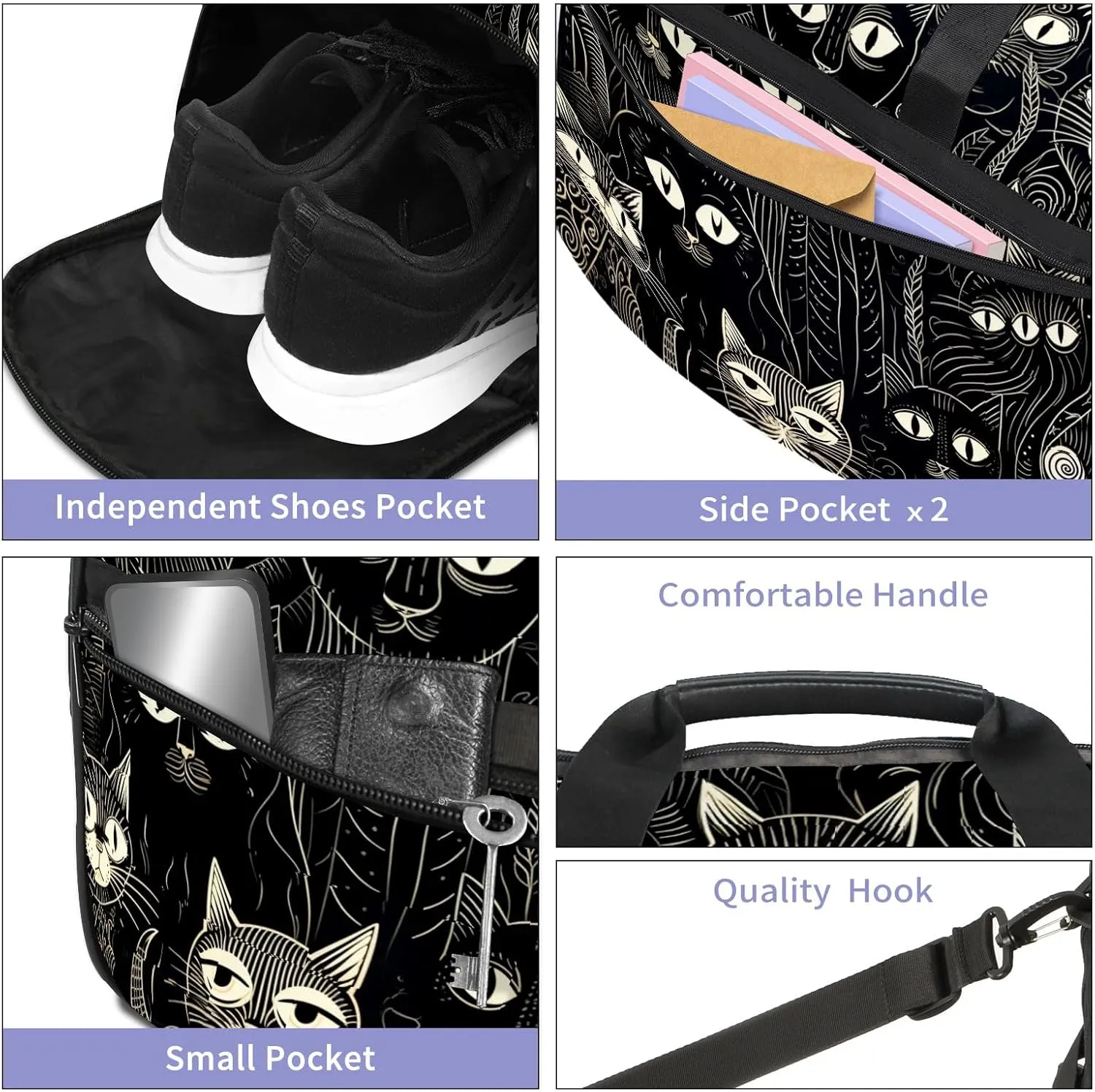 Gym Bag for Women, Carry on Weekender Overnight Bag, Travel Duffel Bags, Personal Item Travel Bag Tote Bag Workout Dance Bag, Cat - 16