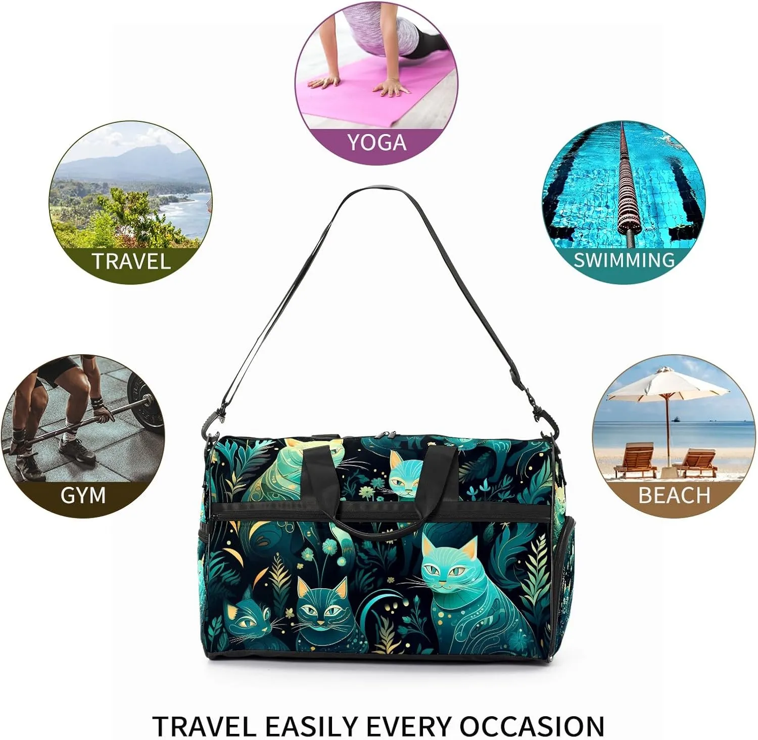 Gym Bag for Women, Carry on Weekender Overnight Bag, Travel Duffel Bags, Personal Item Travel Bag Tote Bag Workout Dance Bag, Cat - 19