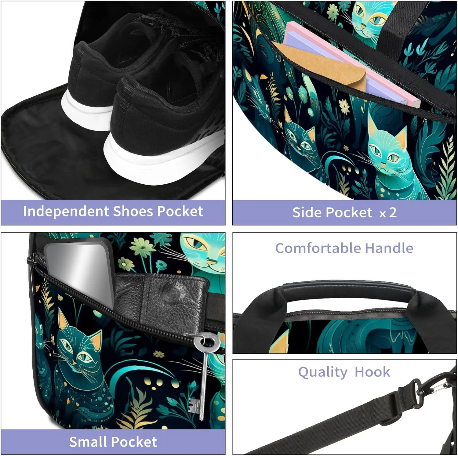 Gym Bag for Women, Carry on Weekender Overnight Bag, Travel Duffel Bags, Personal Item Travel Bag Tote Bag Workout Dance Bag, Cat - 19