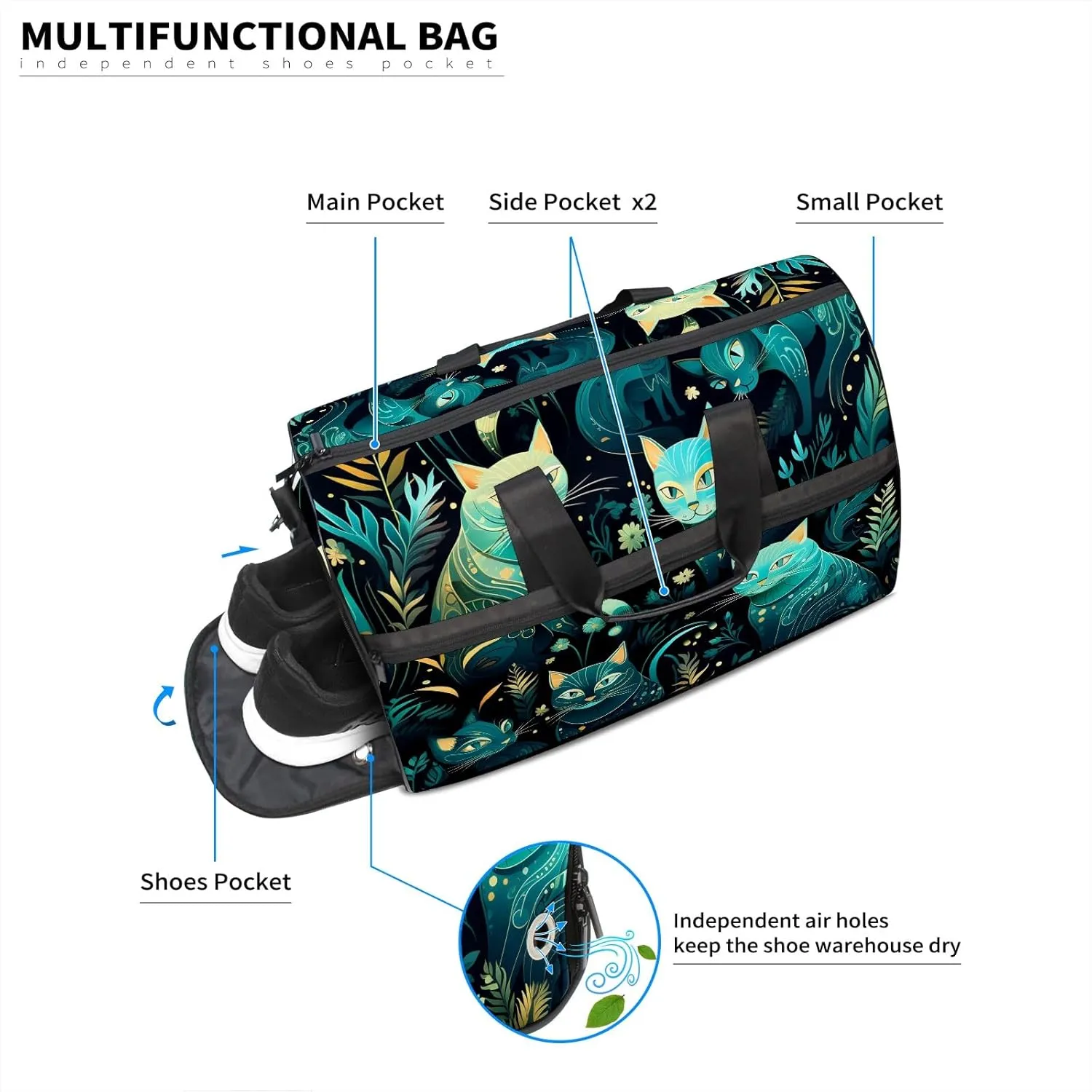 Gym Bag for Women, Carry on Weekender Overnight Bag, Travel Duffel Bags, Personal Item Travel Bag Tote Bag Workout Dance Bag, Cat - 19