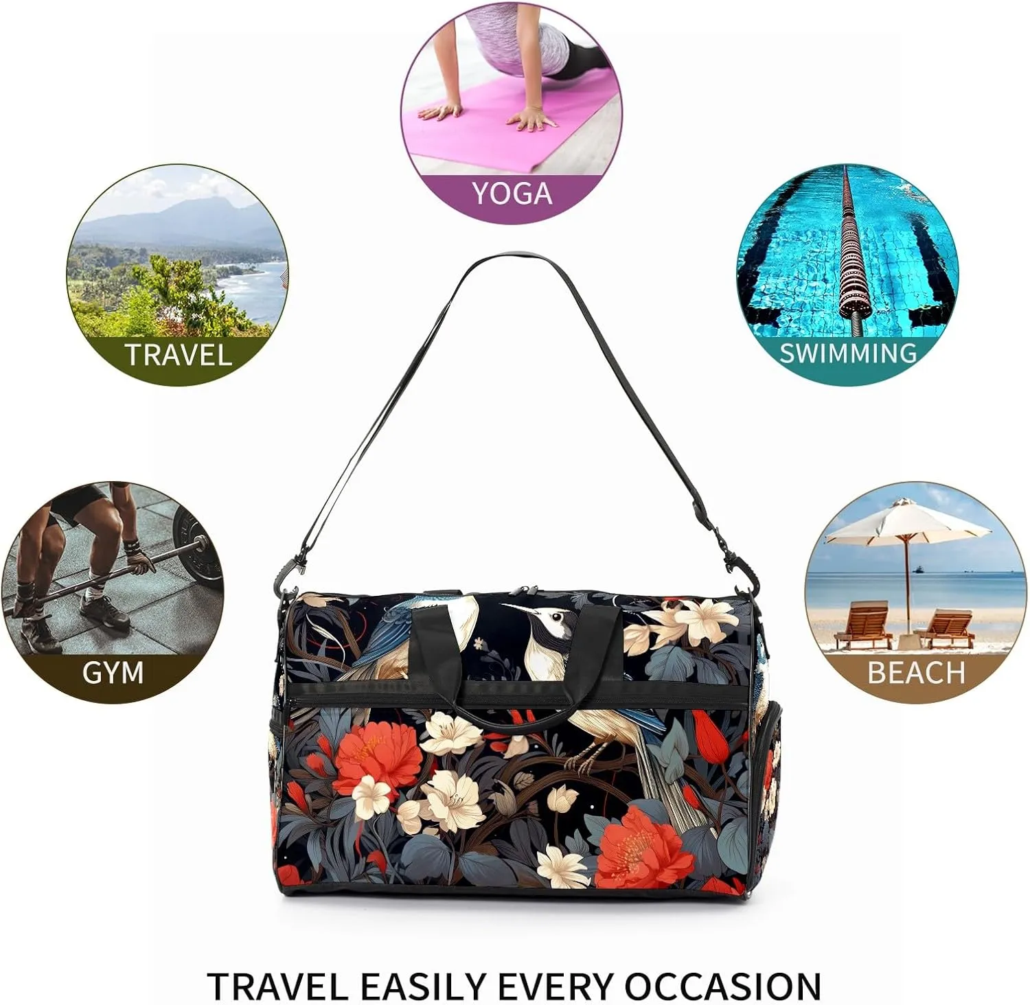 Gym Bag for Women, Carry on Weekender Overnight Bag, Travel Duffel Bags, Personal Item Travel Bag Tote Bag Workout Dance Bag, Chinese Painting Bird - 6