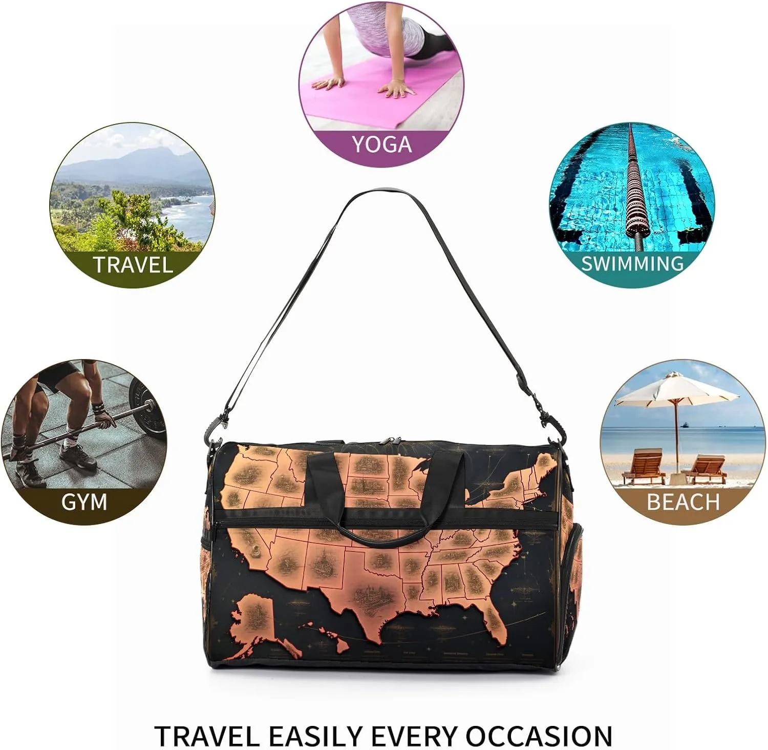 Gym Bag for Women Men, Yoga Bag with Shoe Pocket, Travel Duffel Tote Bag for Plane, Workout, Swimming, Weekend Overnight Bag Carry on Bag Hospital Holdalls, America Map - 12