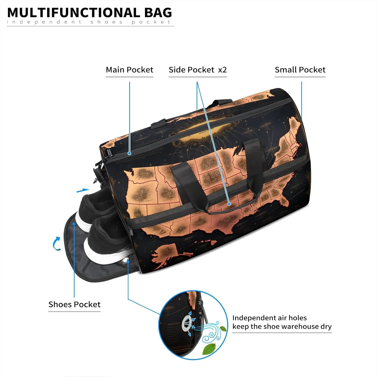 Gym Bag for Women Men, Yoga Bag with Shoe Pocket, Travel Duffel Tote Bag for Plane, Workout, Swimming, Weekend Overnight Bag Carry on Bag Hospital Holdalls, America Map - 12