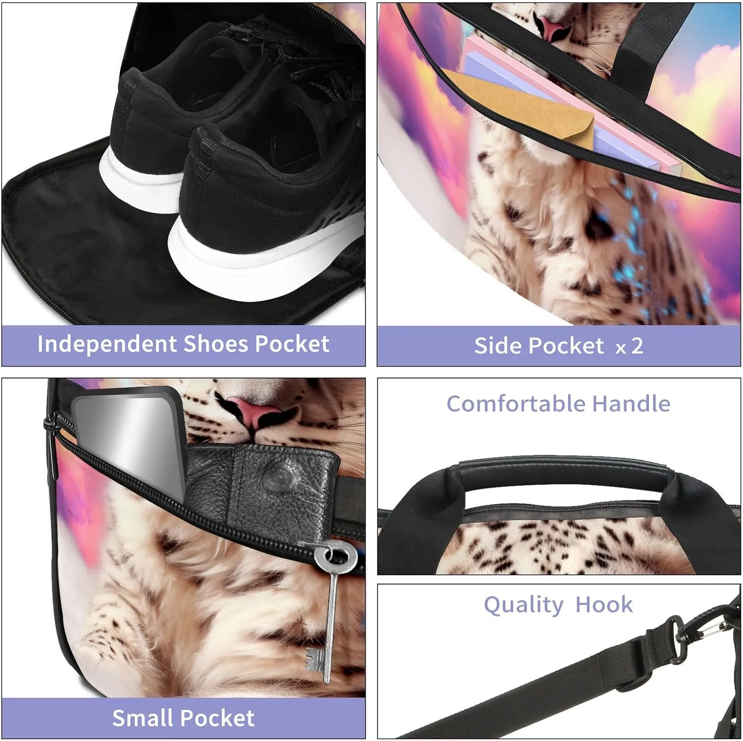 Gym Bag Women's Sports Yoga Bag - Fits up to 13.3" Laptop   Shoe Compartment, Overnight Weekender Bag Travel Bag, Dance Bag, Cheetah Cloud Rainbow - 4