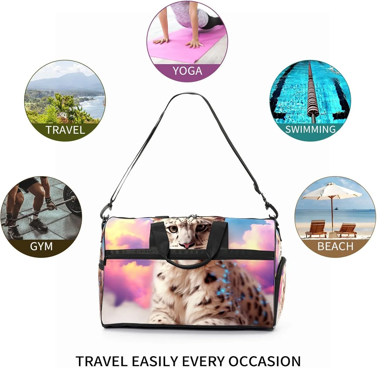 Gym Bag Women's Sports Yoga Bag - Fits up to 13.3" Laptop   Shoe Compartment, Overnight Weekender Bag Travel Bag, Dance Bag, Cheetah Cloud Rainbow - 4