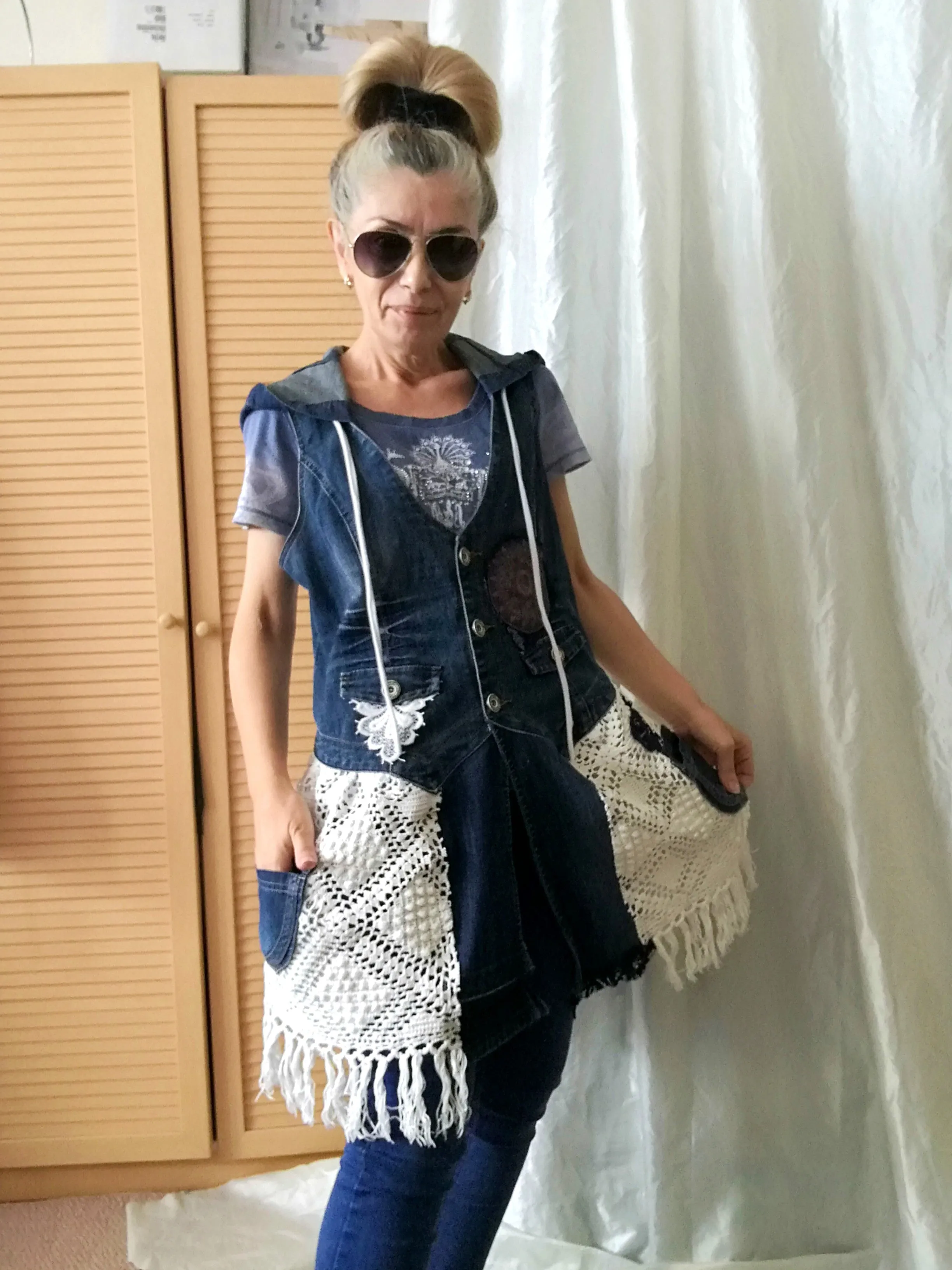 Hooded Denim Jacket,M Sleeveless Duster Jacket