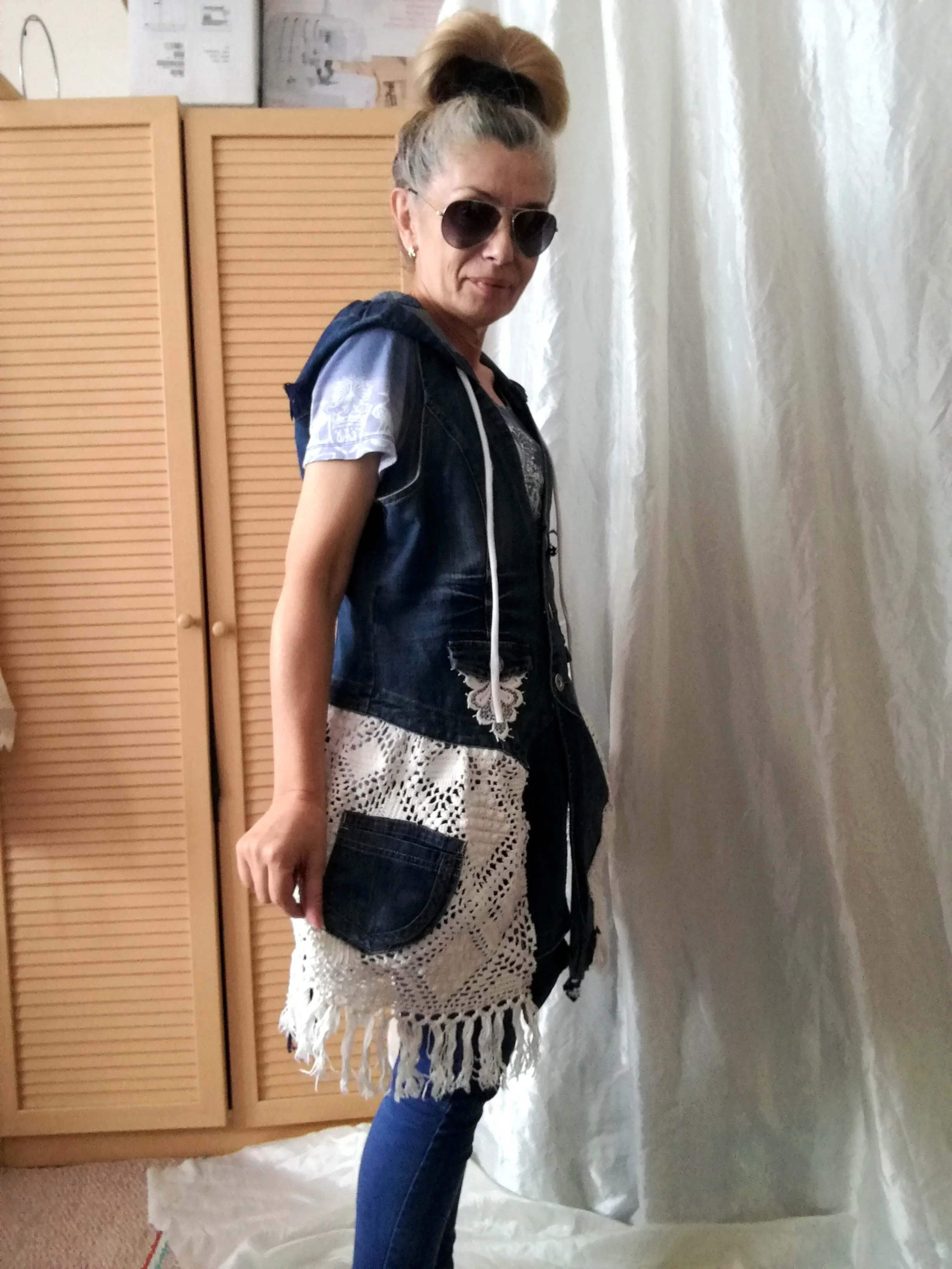 Hooded Denim Jacket,M Sleeveless Duster Jacket