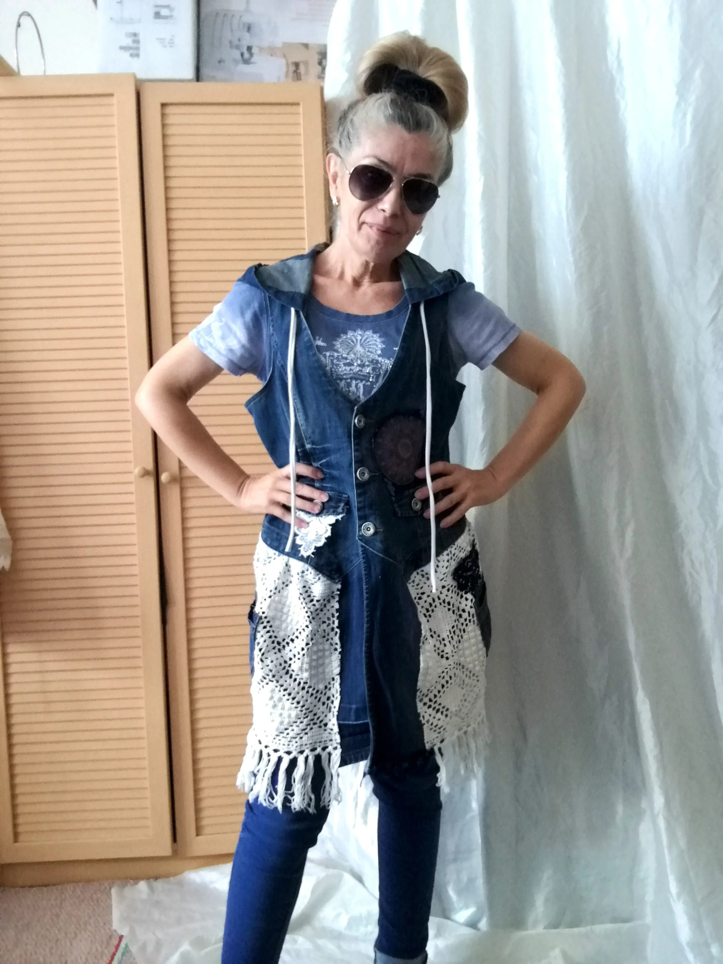 Hooded Denim Jacket,M Sleeveless Duster Jacket