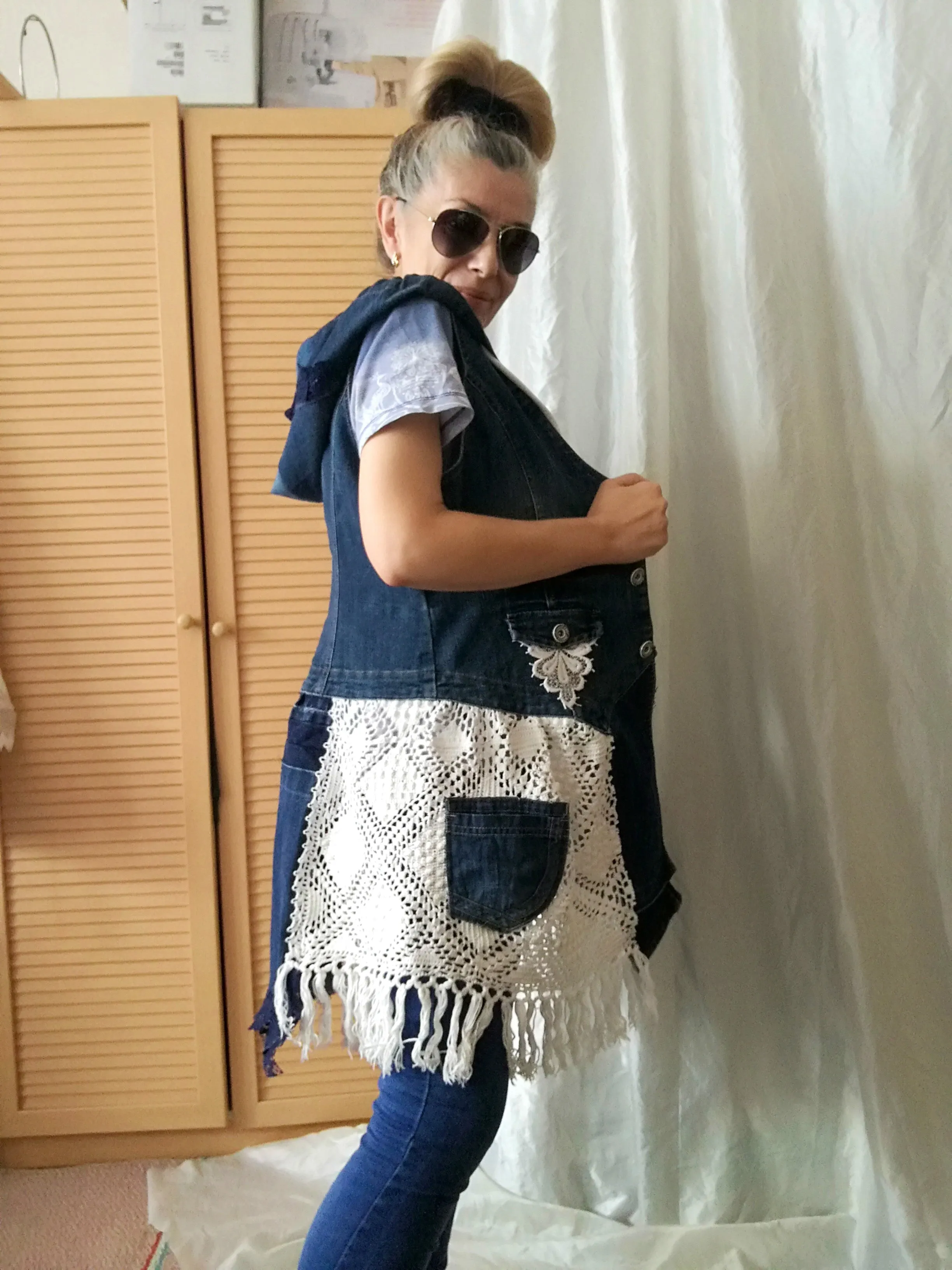 Hooded Denim Jacket,M Sleeveless Duster Jacket