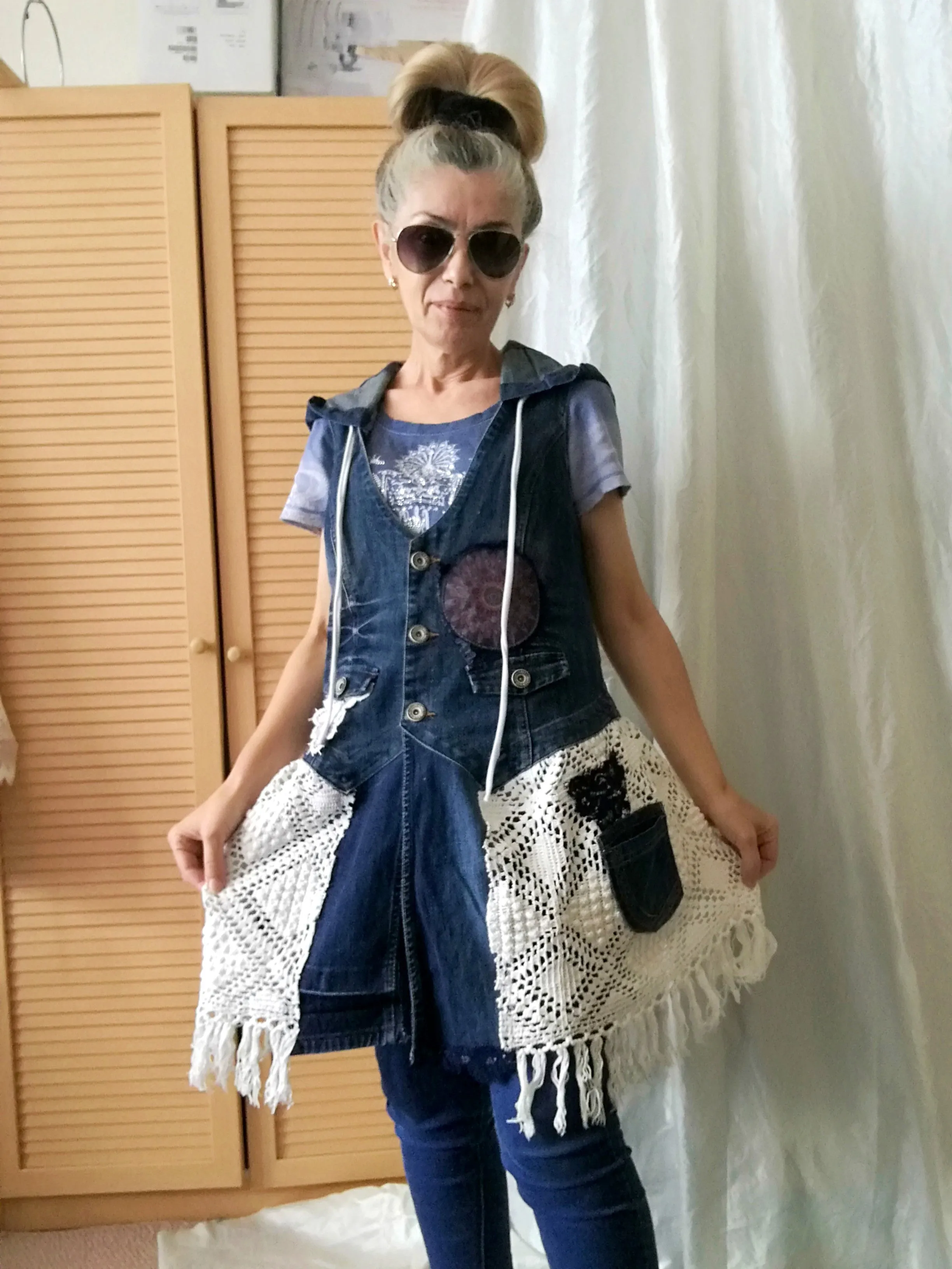 Hooded Denim Jacket,M Sleeveless Duster Jacket