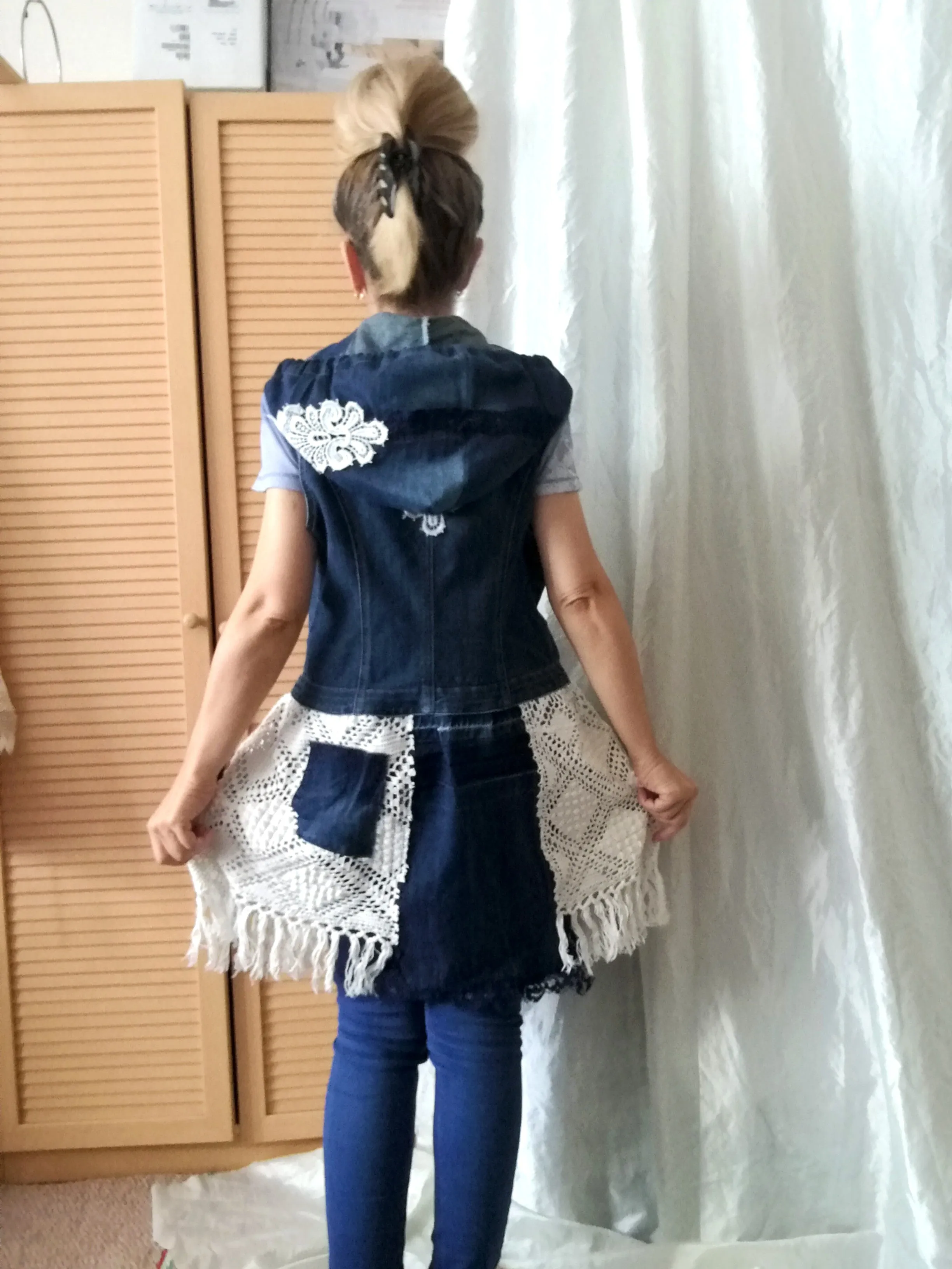 Hooded Denim Jacket,M Sleeveless Duster Jacket