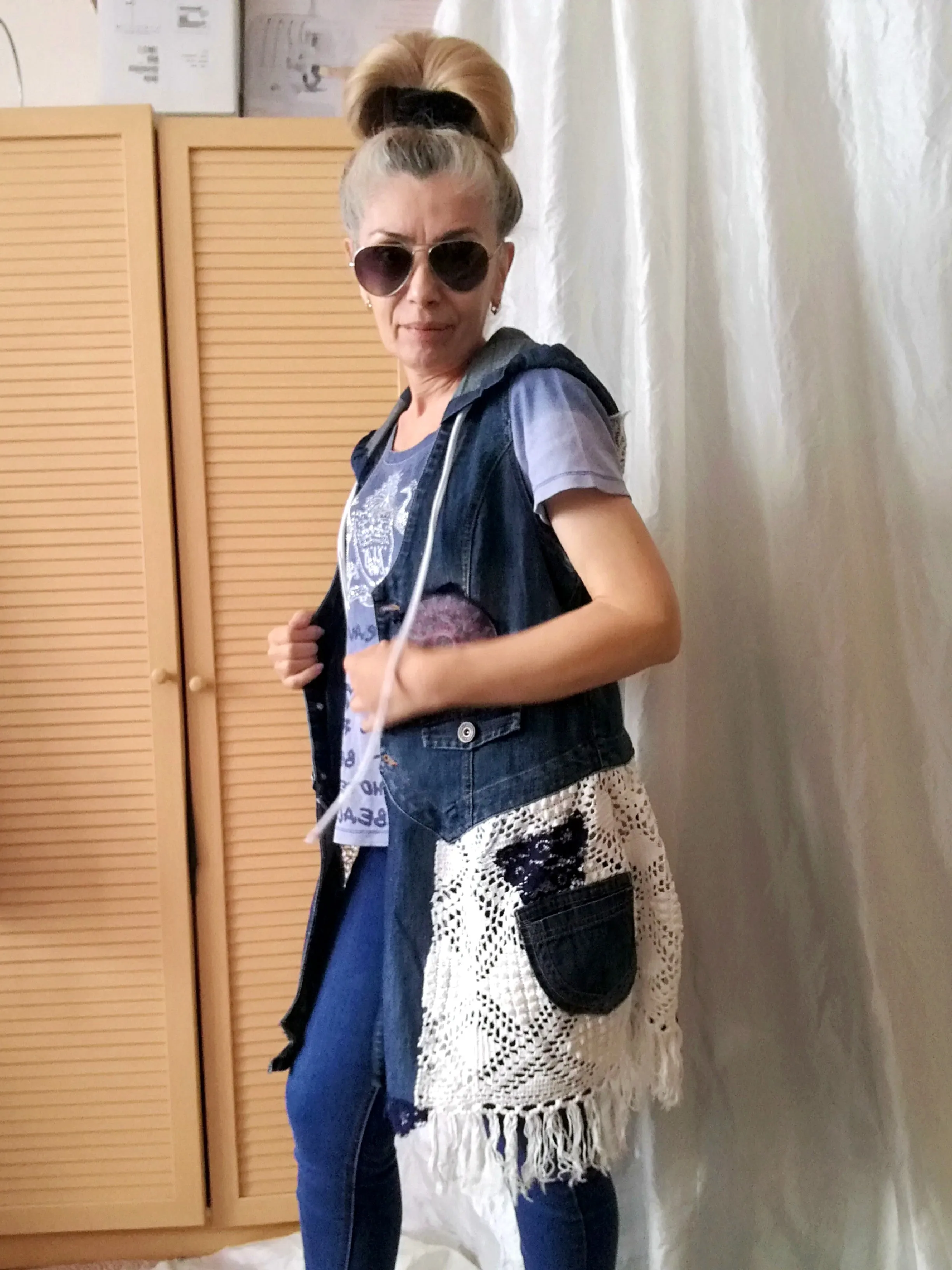 Hooded Denim Jacket,M Sleeveless Duster Jacket