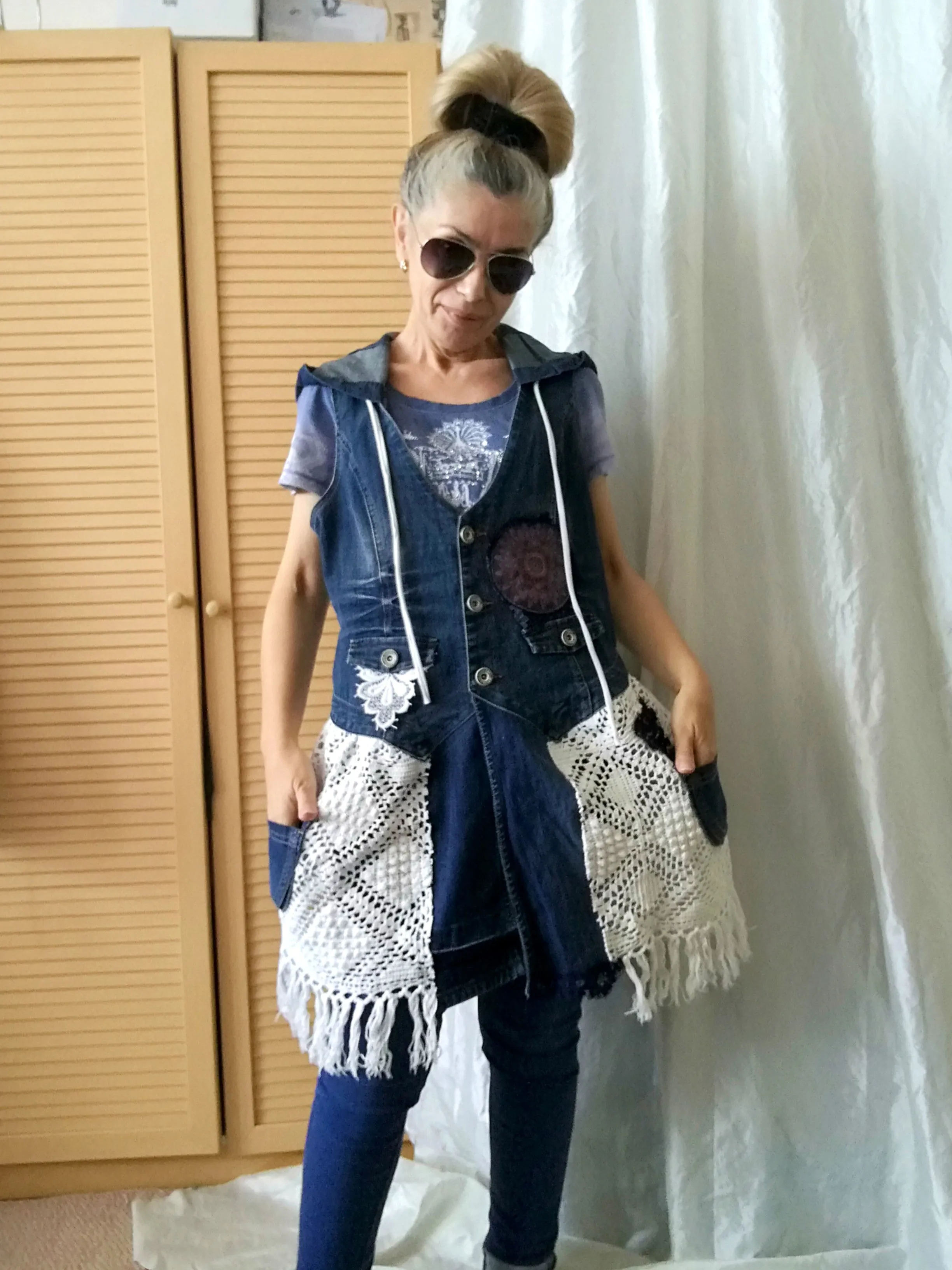 Hooded Denim Jacket,M Sleeveless Duster Jacket