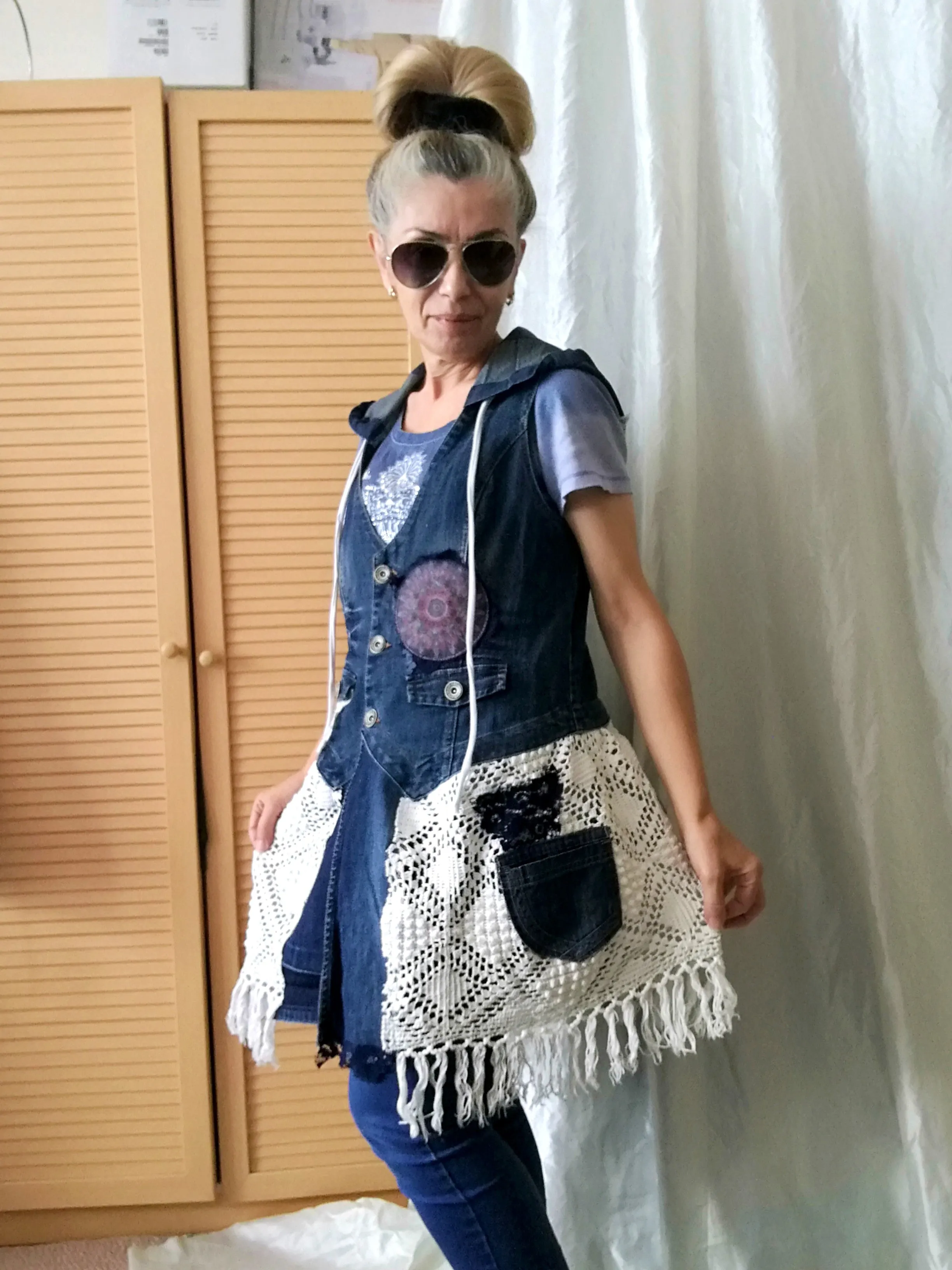 Hooded Denim Jacket,M Sleeveless Duster Jacket